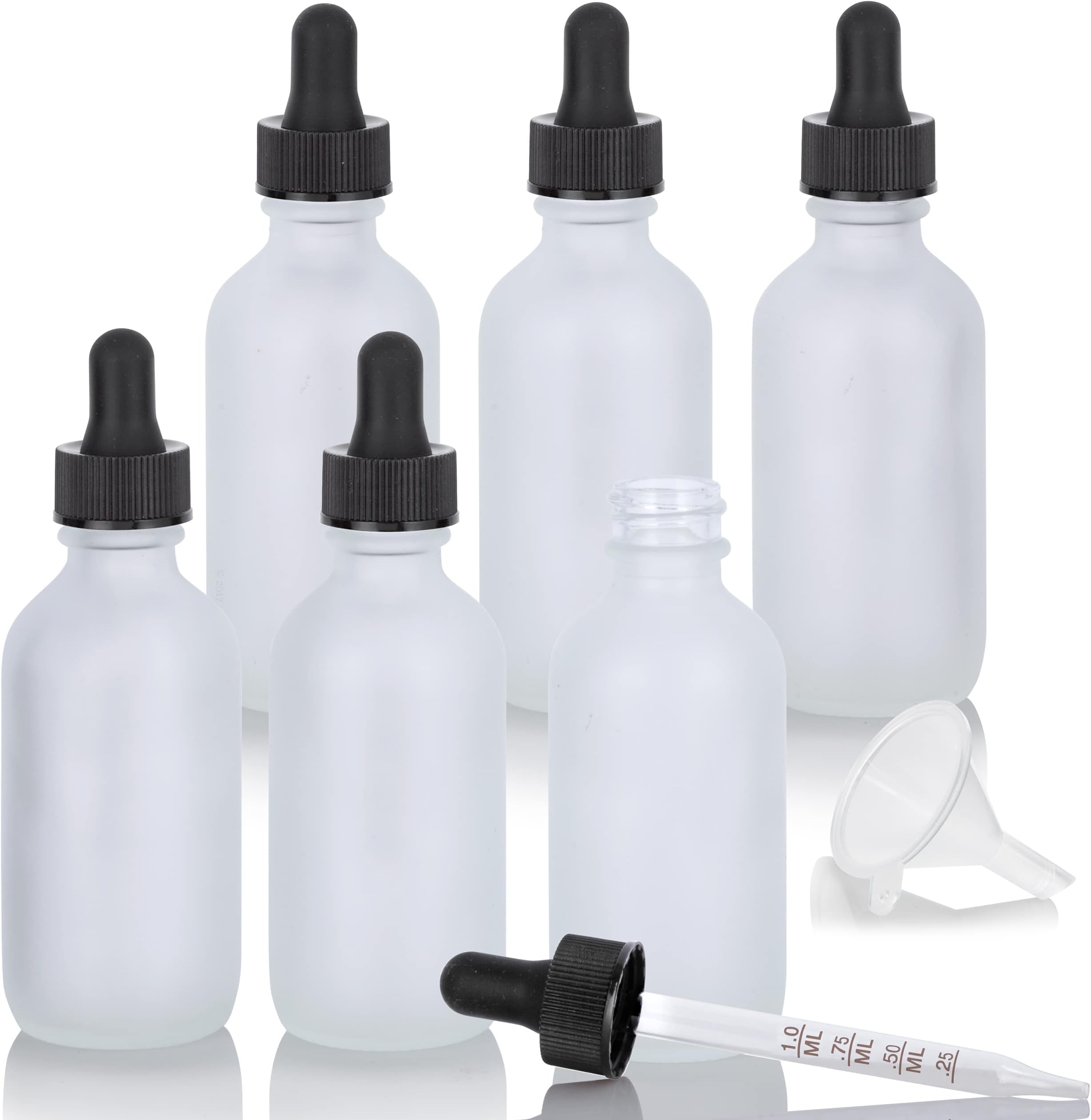 2 oz / 60 ml Frosted Clear Glass Boston Round Graduated Measurement Glass Dropper Bottle (6 pack) + Funnel