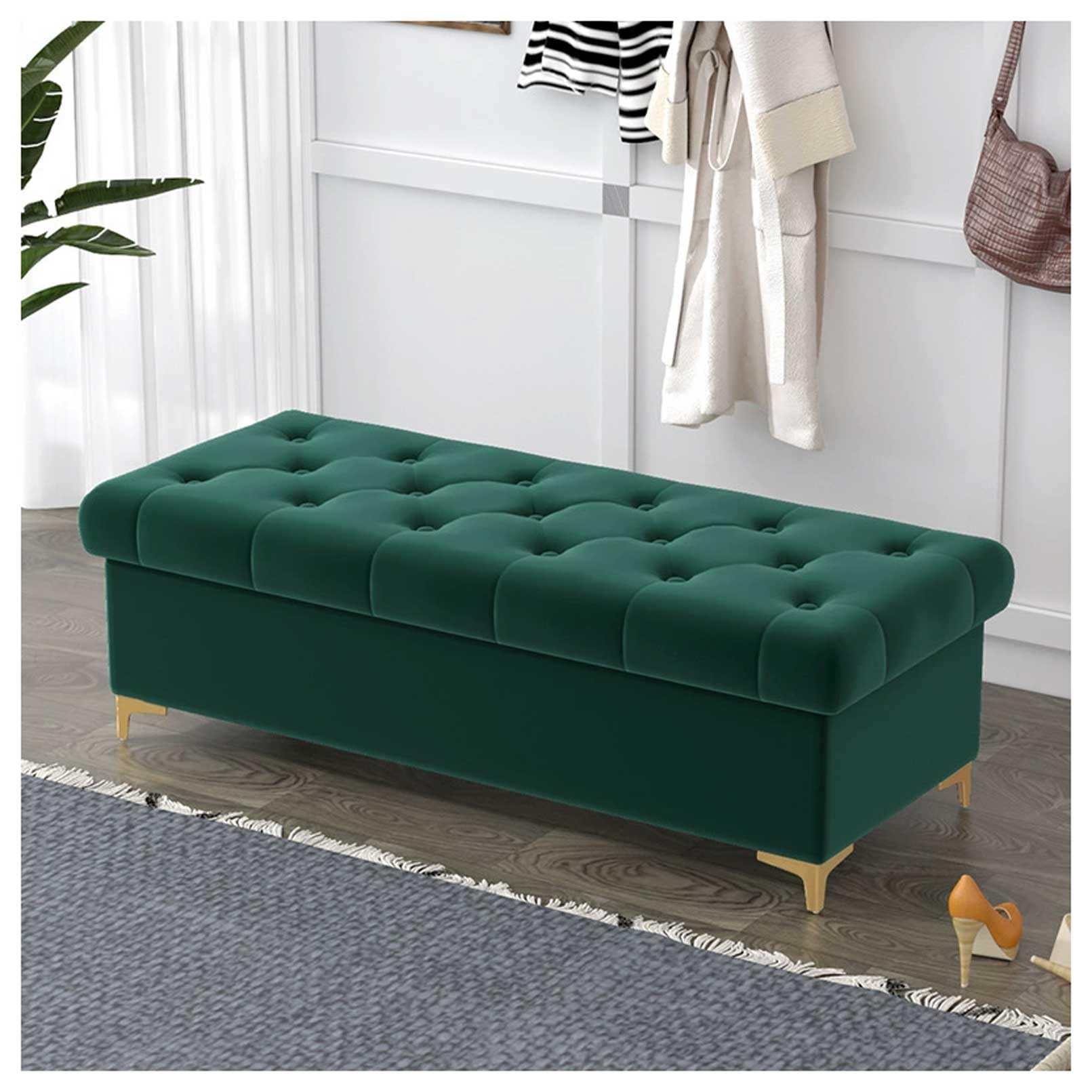 MSHGSKU Velvet Storage Bench Ottoman for Bedroom Shoe Rack Footrest Stylish Green Pouf for Home Hotel Clothing Store 120x40x40cm Multifunctional Design