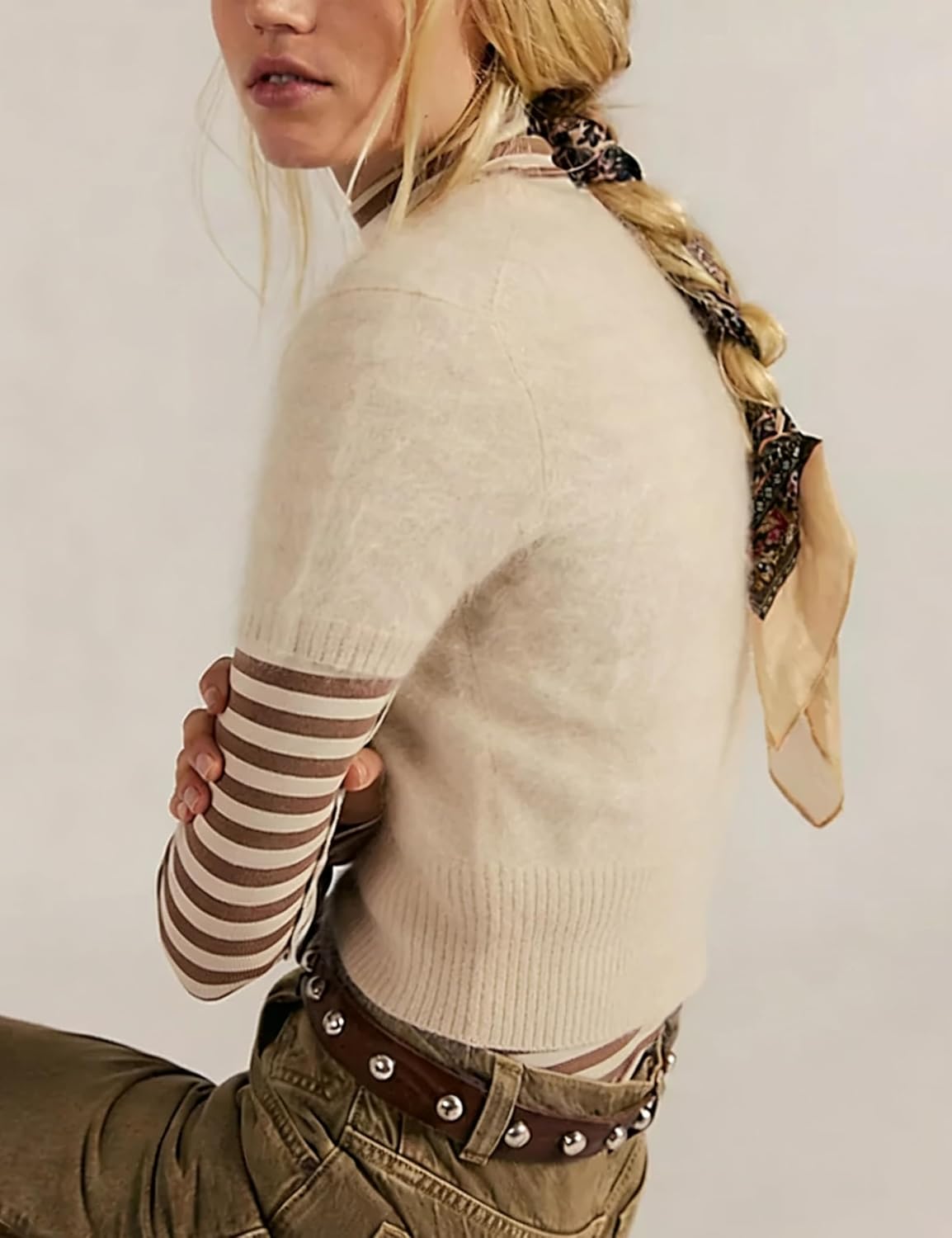 Women's Furry Cropped Sweater Short Sleeve Soft Fuzzy Sweater T Shirt Loose Casual Knit Pullover - Image 5