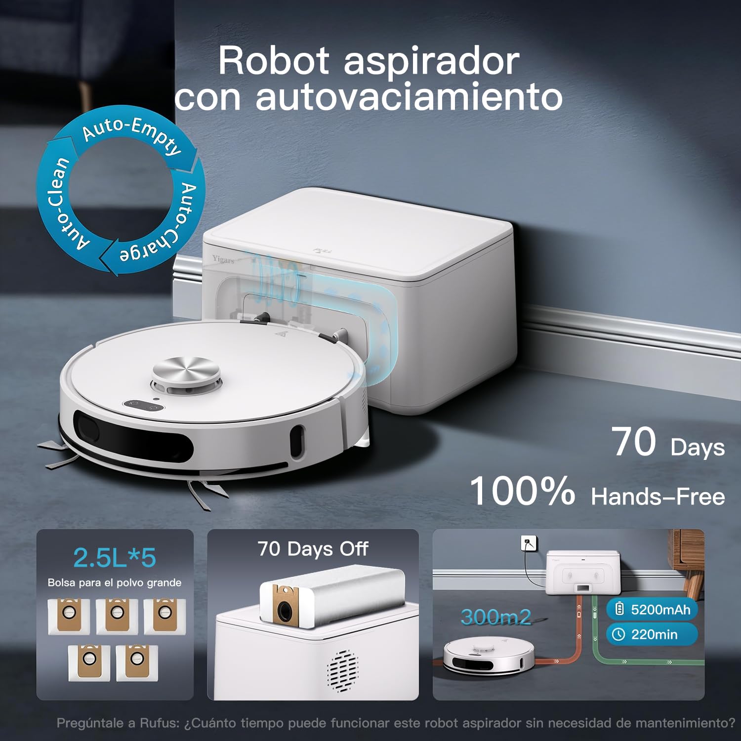 Robot Aspirador y fregasuelos hasta 8000Pa Navegación LiDAR y Mapeo | Potente succión Autovaciado Autonomía de 220 Minutos, Anticolisión, Limpieza Personalizada Control por Voz y App-Blanco