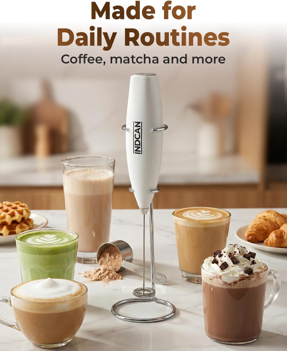 INDCAN Milk Frother Handheld Battery Operated Electric Foam Maker, Variable Speed Drink Mixer, Portable Frother Wand with Stainless Steel Whisk and Stand for Coffee, Latte & Matcha (Classic+, White)