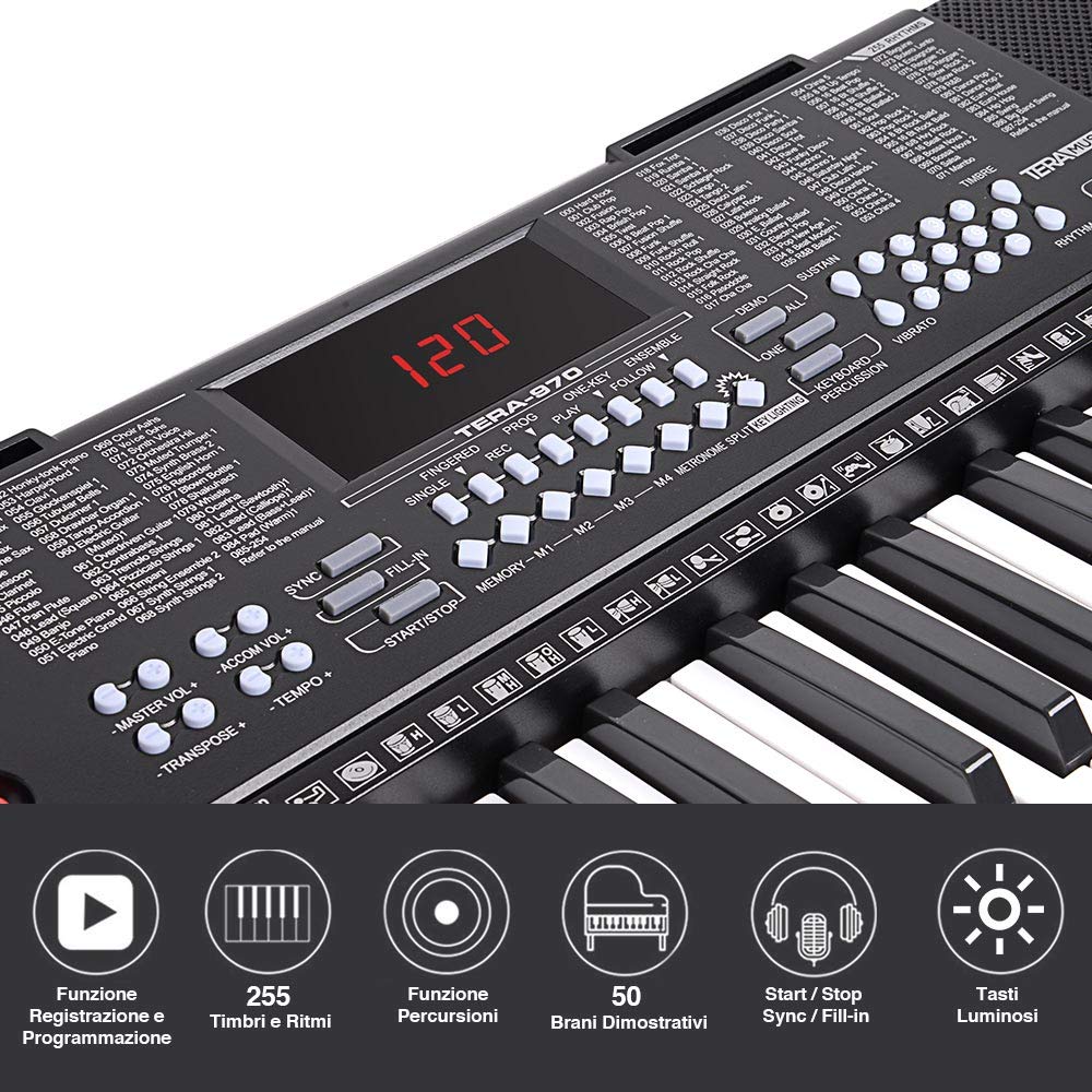 Bakaji Tastiera Musicale Pianola Elettronica 61 Tasti Luminosi Pianoforte Multifunzione con Supporto Sgabello e Cuffie 255 Ritmi Ingresso AUX e Leggio