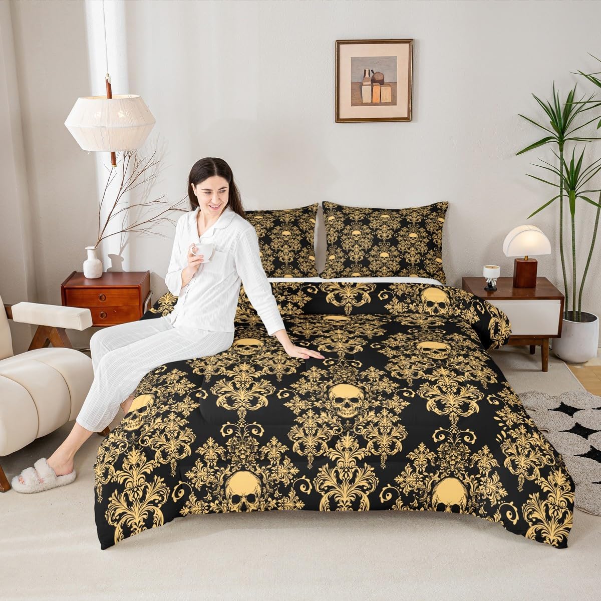 Feelyou Jacquard Damask Comforter Set Luxury Royal Golden Jacquard Bedding Set Queen Size for Kids Boys Girl Boho Style Duvet Quilt Damask Skull Pattern Duvet Floral Bedroom Decor