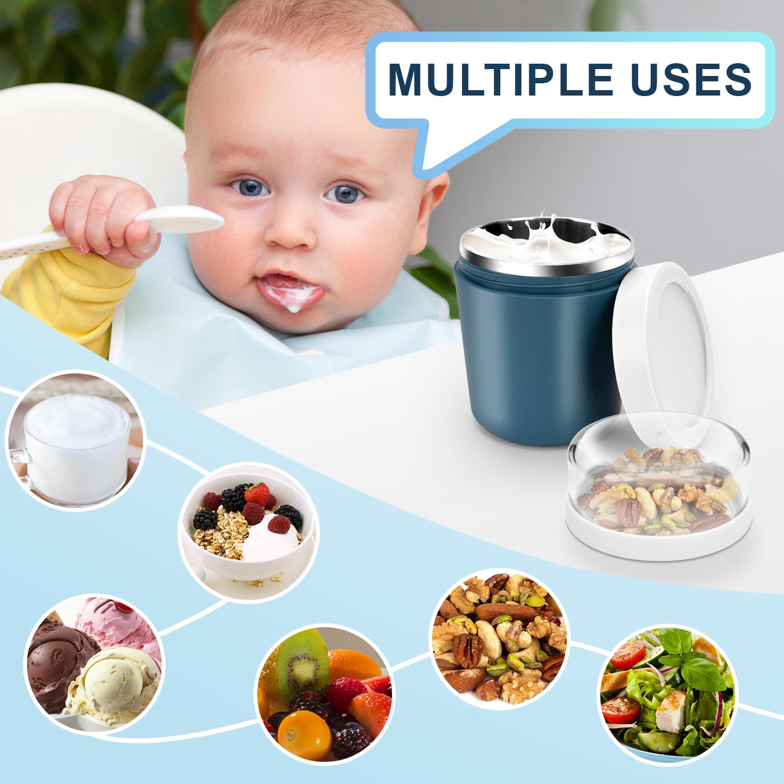 Kubek na musli na wynos 500 ml + 220 ml, ze stali nierdzewnej, z łyżeczką, izolowany, szczelny, w podróży, do zmywarki, zamrażarki i kuchenki