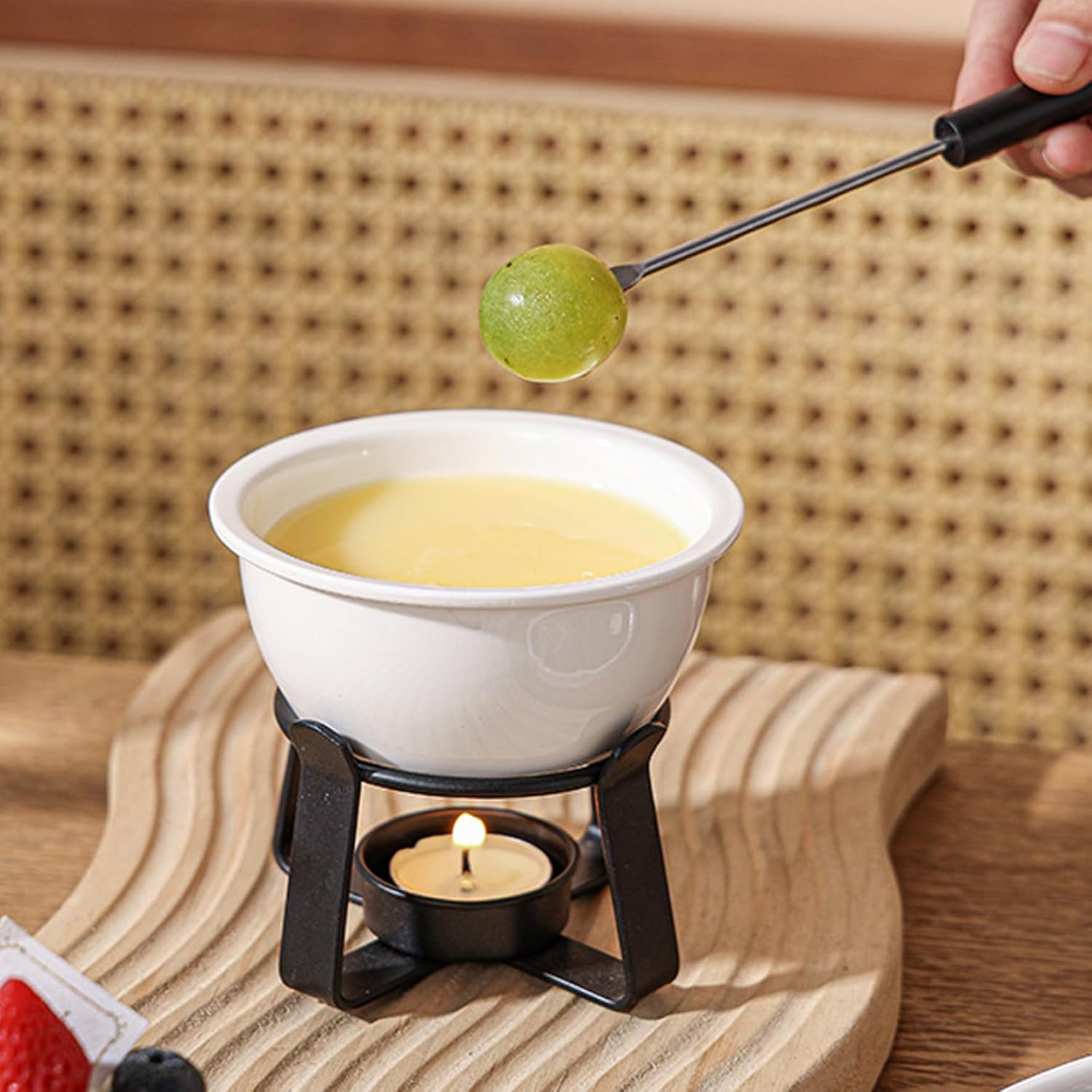 Chocolate Fondue Cup Ceramic Mini Fondue Set with 2 Dipping Forks and Metal Base for Cheese Chocolate Butter Caramel Dessert Serving