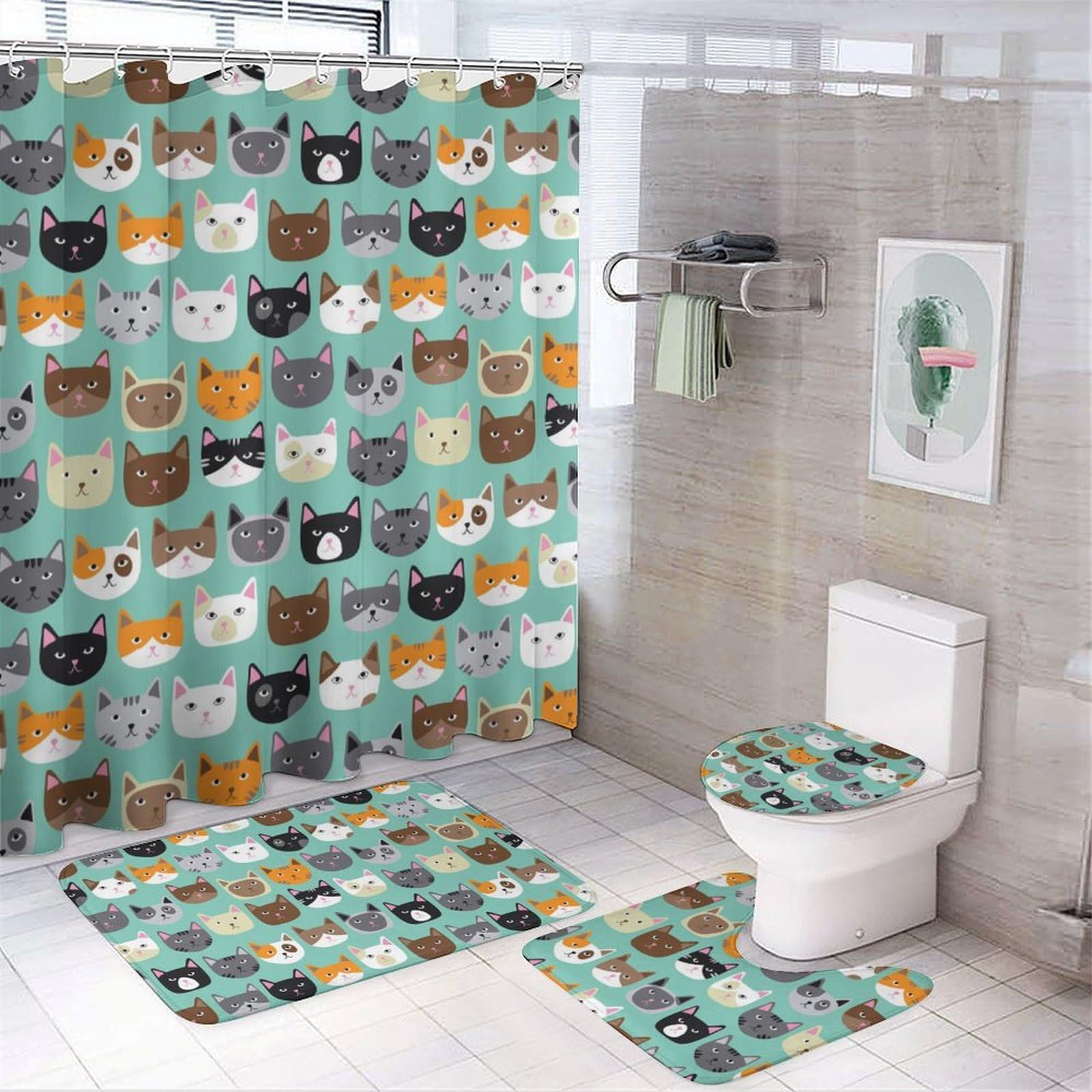 JiuPopular Bathroom Mat Set 4 Piece, Cute Cat Faces Shower Curtain with Non-Slip Bath Mats for Bathroom