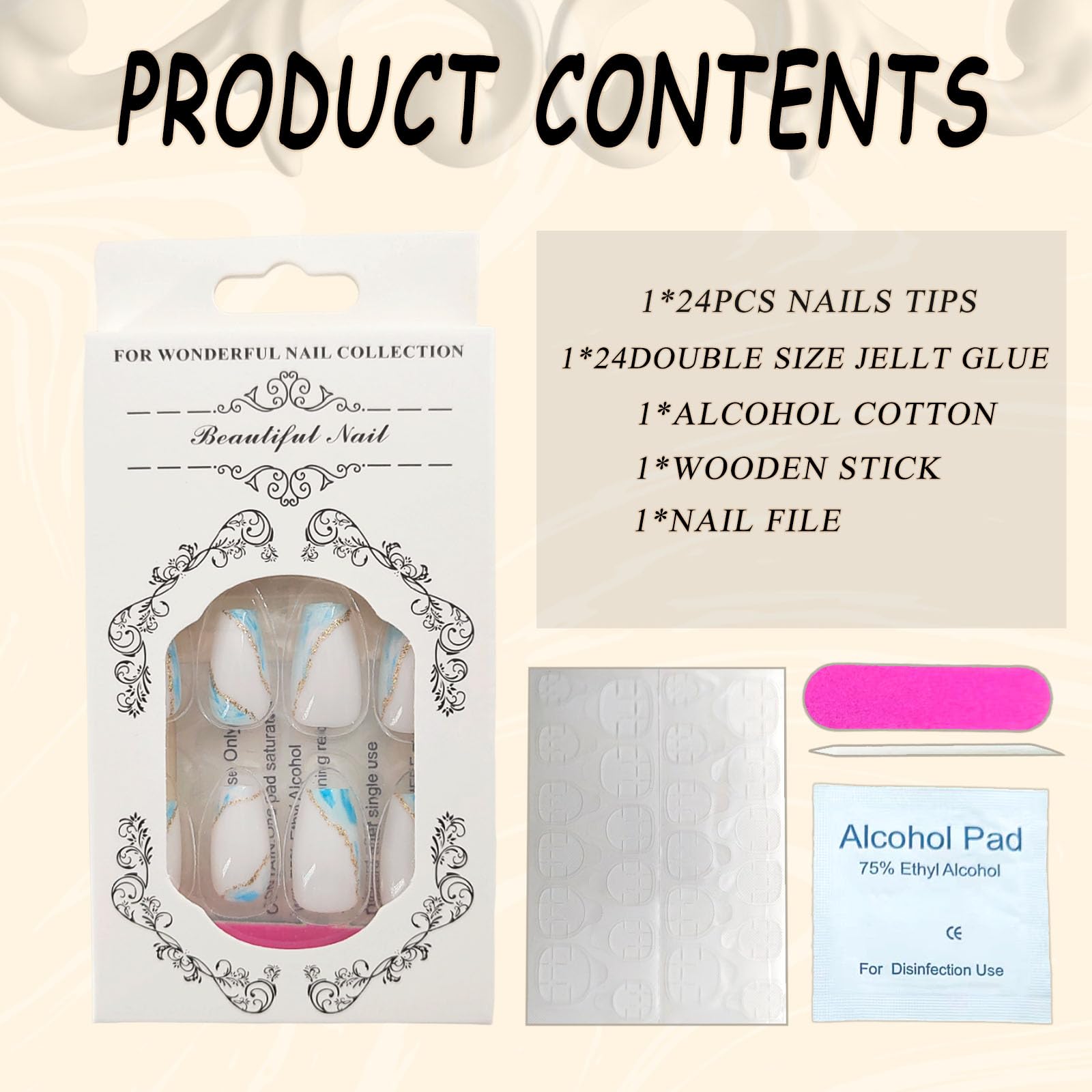 Summer Press on Nails Short Fake Nails with Blue Glitter Designs Coffin Nails Press ons French Tip Glue on Nails Nude Acrylic Nails Spring False Nails Natural Stick on Nails for Women 24Pcs