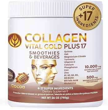 Vital Life, Collagen Peptides Powder Hydrolyzed Collagen with BioSynergy Formula & 17 Super Ingredients, Cocoa Flavor, 26 oz, Supports Hair, Skin, Nails, Bones & Joint Health for Women & Men.