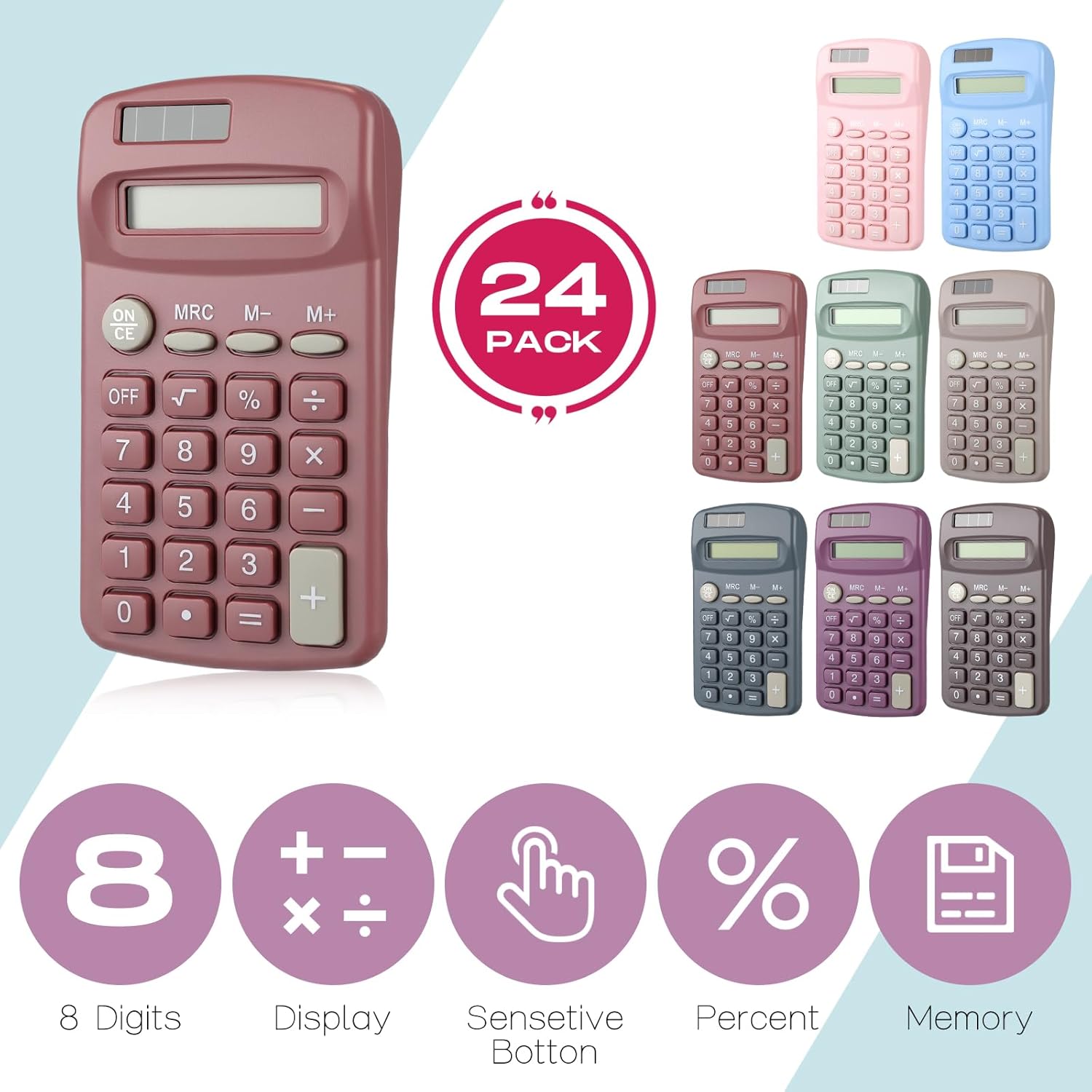Yunsailing 48 Pcs Pocket Calculator Bulk Small 4 Function Battery Powered Calculator 8 Digit Display Pocket Size for Students Kids School Home Office, 3 Styles (Colorful)