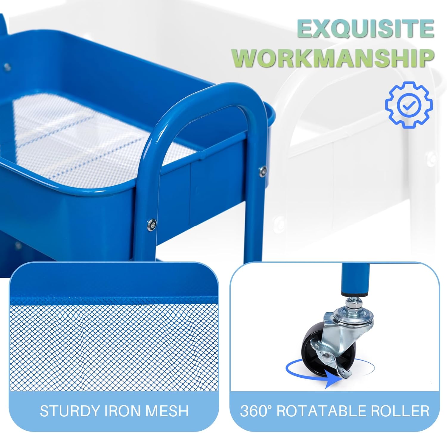 AGTEK 3 Tier Utility Rolling Cart with Lockable Wheels, Metal Multifunctional Storage, Organizer Cart for Kitchen, Office, Living Room, Makeup, Craft, Art Studio, Blue