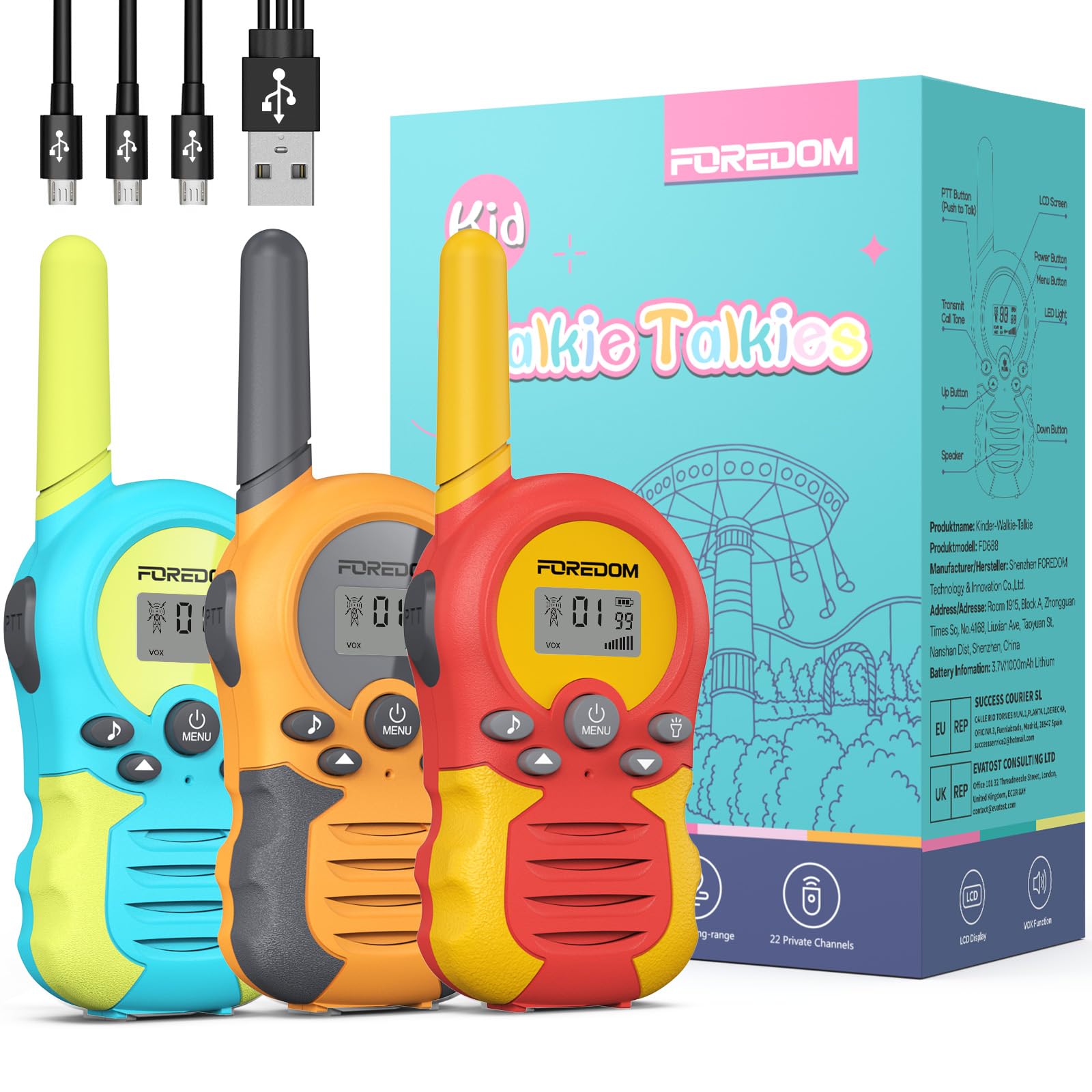 FOREDOM Wiederaufladbare Walkie Talkies für Kinder Walkie Talkies Funkgeräte Set Spielzeug für Jungen & Mädchen 3-12 Jahre, Abenteuer, Camping, Wandern – 3er Set