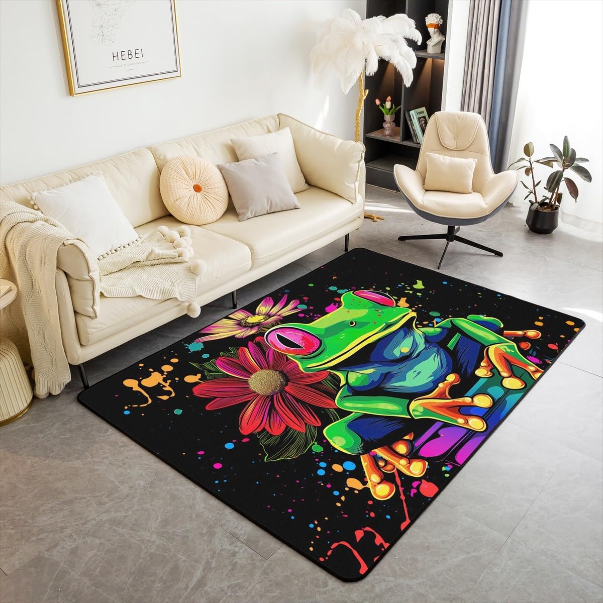 Erosebridal Tie Dye Frog Carpet Rainbow Graffiti Style Rug 3x5 Chic Floral Area Rug for Teens Kids Boys Girls Jungle Cartoon Animal Decorative Accent Rug Non Shedding, Black