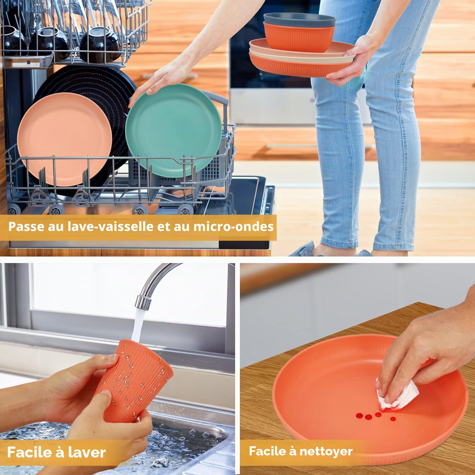 Lot de 60 assiettes et bols camping pour 6 personnes, vaisselle incassable en plastique léger, tasses, couverts