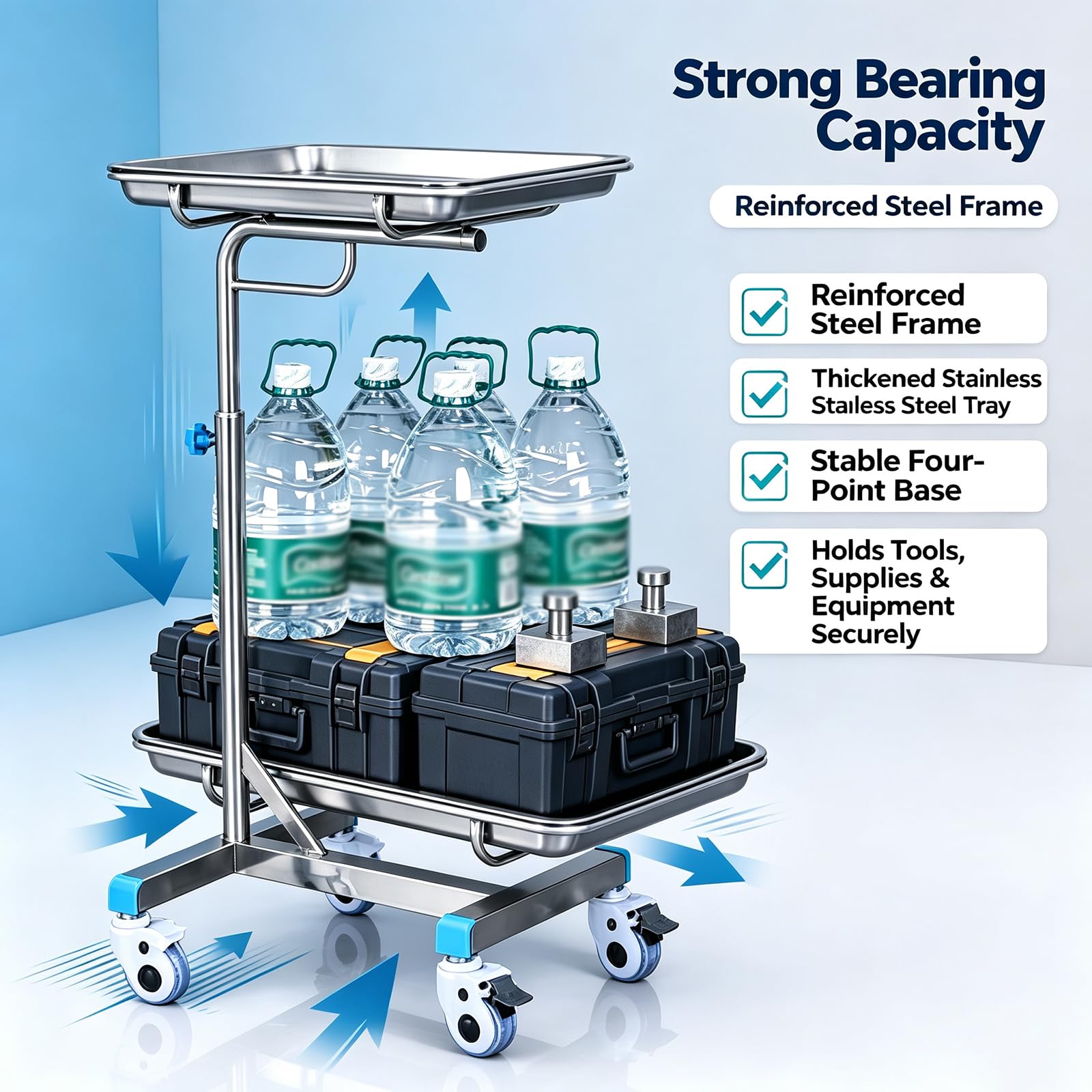 Carro Laboratorio Médico,tamaño Paleta 50*40cm,altura 85-120cm, Capacidad Carga 55libras,con Base Lastrada Tipo H Y Rueda Universal 360°,amplio Espacio Almacenamiento,carro Móvil Un Solo Poste