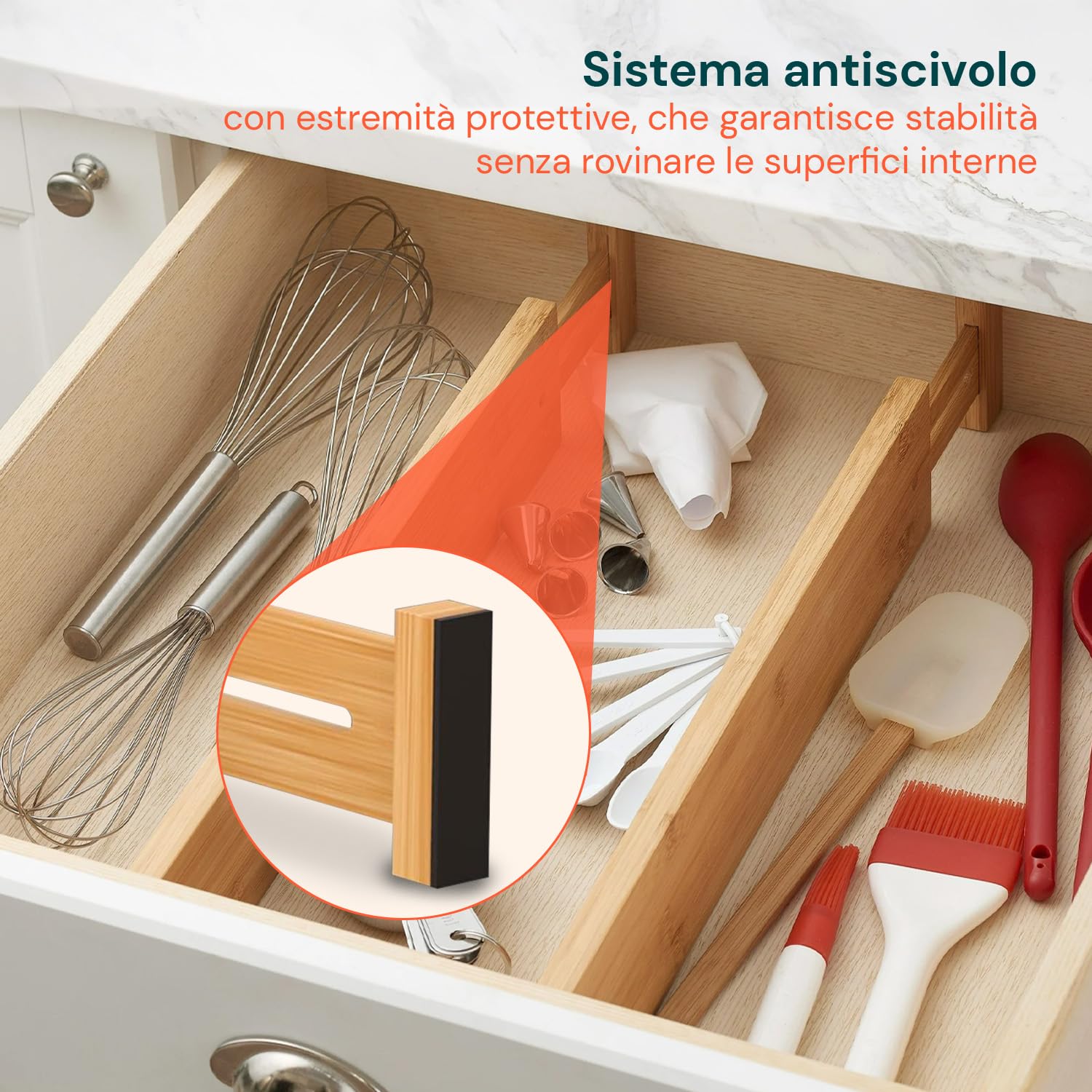 Avilia Divisori per Cassetti Set 4 Bamboo – Organizer Cassetti Regolabili 43–56 cm, Divisori Cassetti Cucina e Biancheria, Sistema a Molla Senza Attrezzi, Antiscivolo Salvaspazio