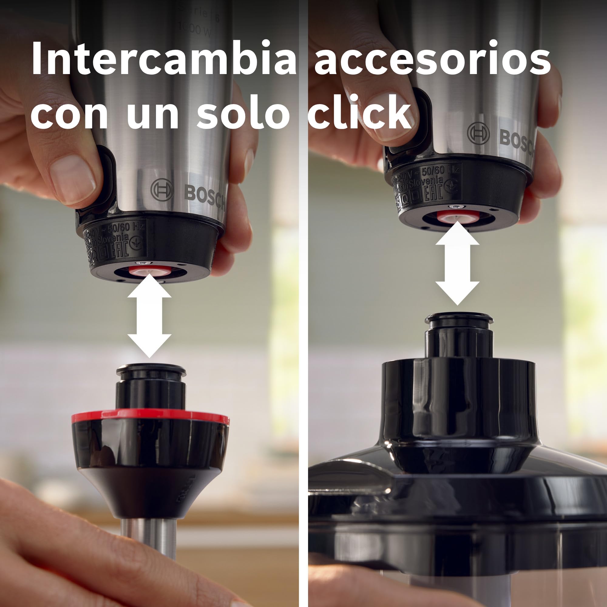 Bosch - Batidora de mano, ErgoMaster Serie 6, motor refrigerado por aire de 1000 vatios, control dinámico de velocidad, sistema de mezcla QuattroBlade, Acero inoxidable, MSM6M622