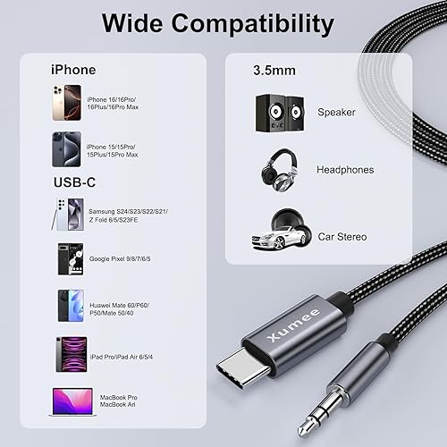 Miniatura 7 de Xumee Cable auxiliar a USB C (paquete de 2), cable de audio tipo C macho a conector macho de 0.138 in compatible con iPhone 15 Pro Max, estéreo de