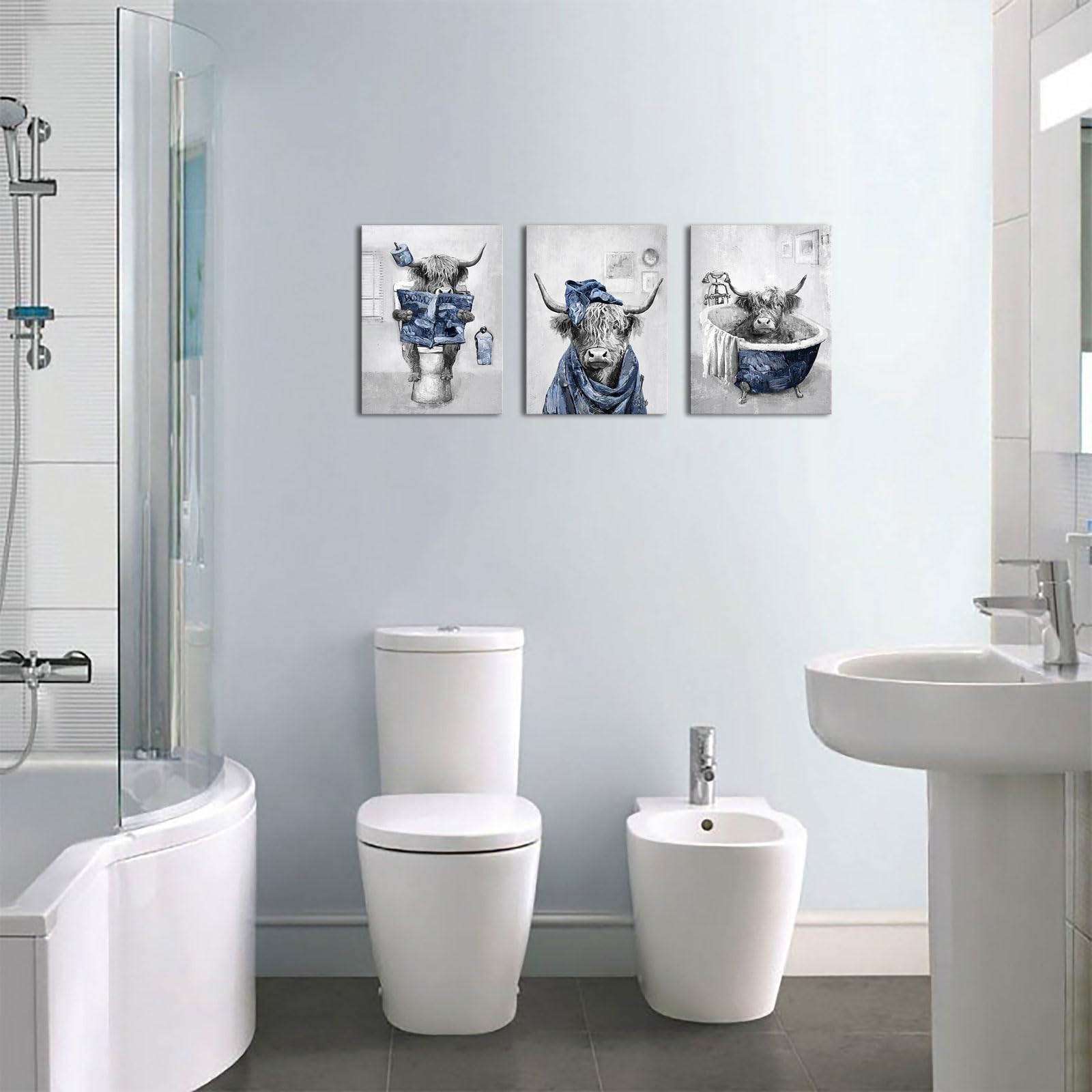 Blue-Toned Highland Cow Bathroom Decorative Painting – Unique Farmhouse Artwork, Multi-Panel Canvas For Wall Decor - View #10