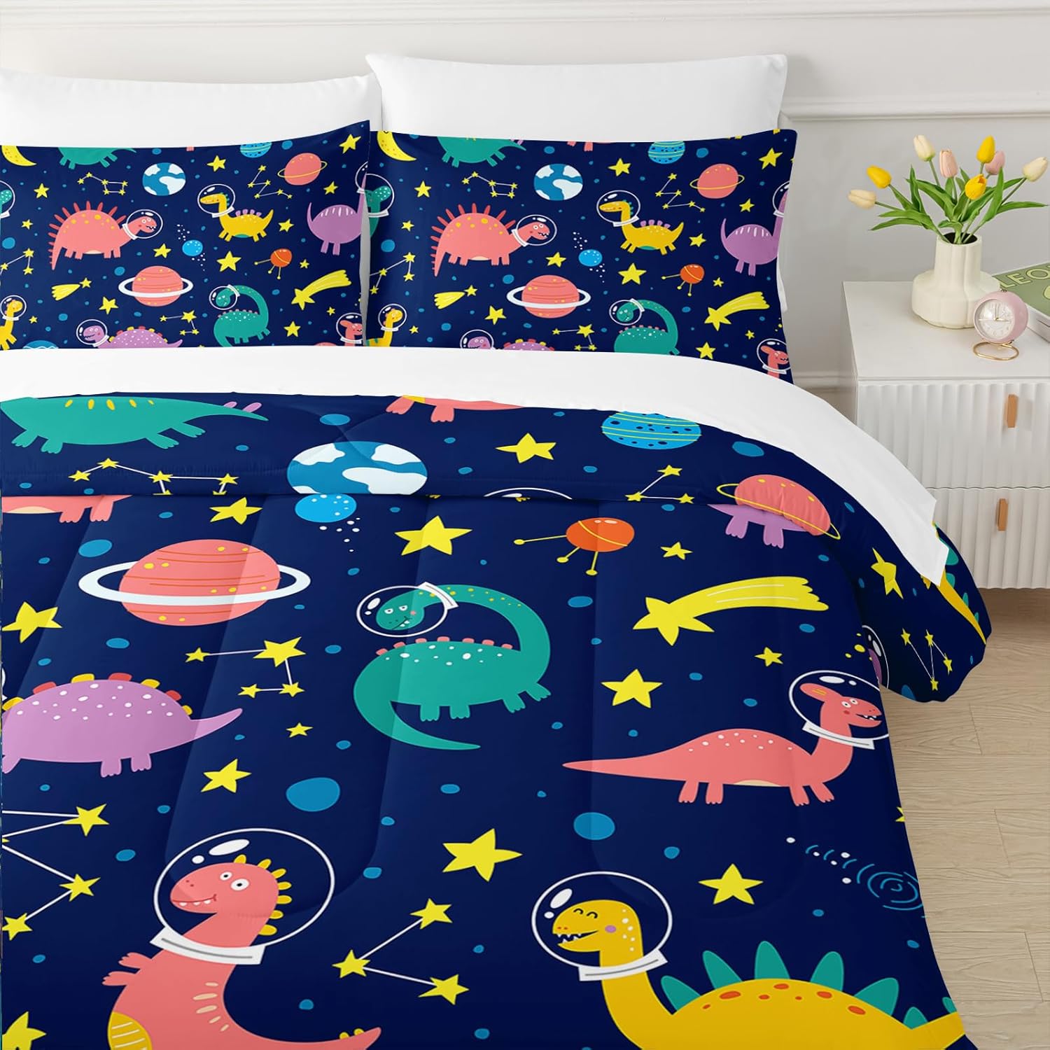 QOOMO 7 Pieces Cartoon Space Dinosaur Kids Comforter Set Queen Size Cute Dino Printed Bedding Set for Boys Girls Bedroom Decor Colorful Dinosaur Bed in a Bag with Comforter, Sheets and Pillowcases