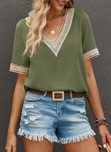 Miniatura 3 de EVALESS Blusas de verano sexy de manga corta para mujer, blusas con cuello en V y ribete de encaje, blusas de moda para mujer, camisas casuales