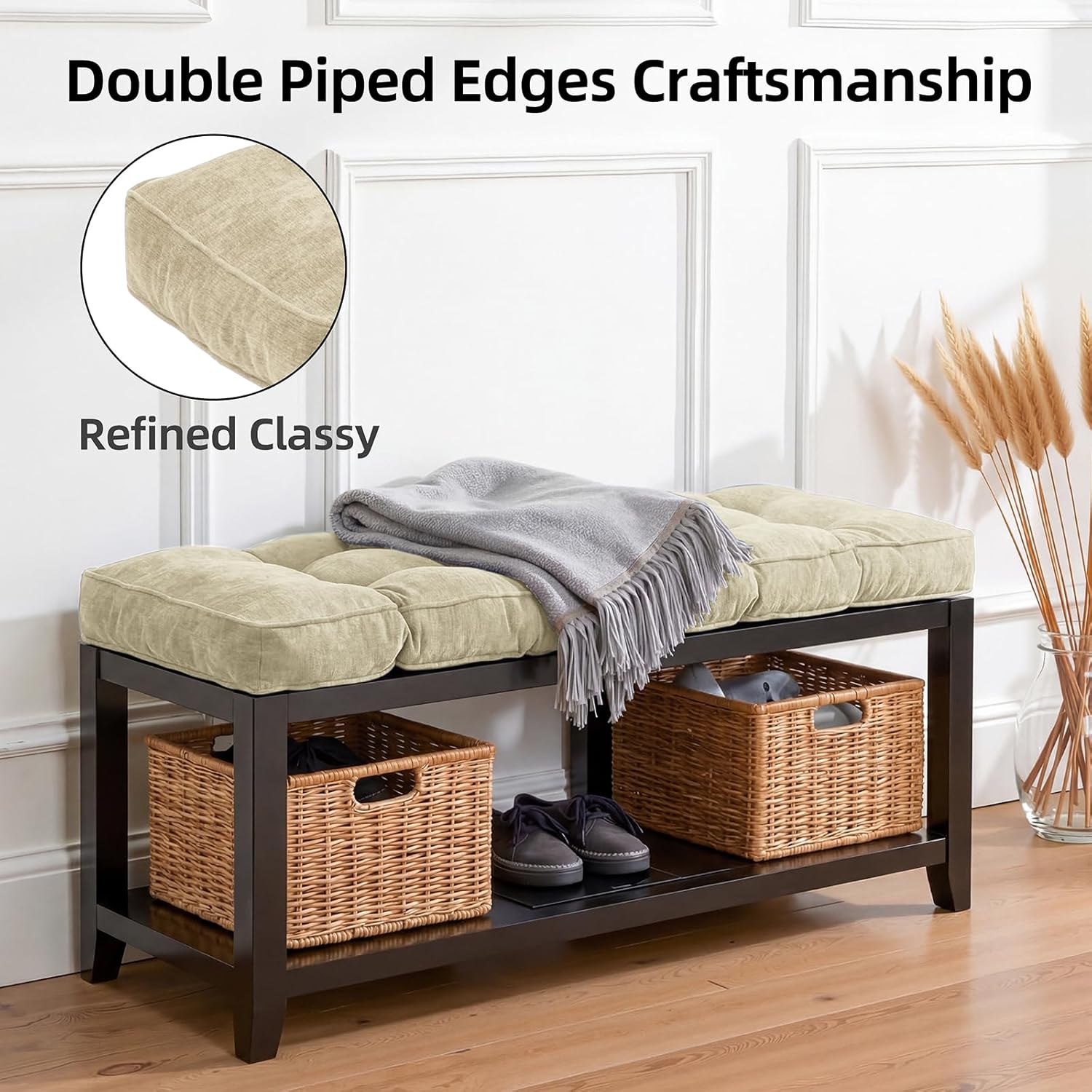 detiblue bench cushion for indoor furniture?36x14inch tufted bench seat cushion with non-slip, comfortable and durable for shoe/entryway/storage with cushion?chenille beige? chenille beige 36x14inch