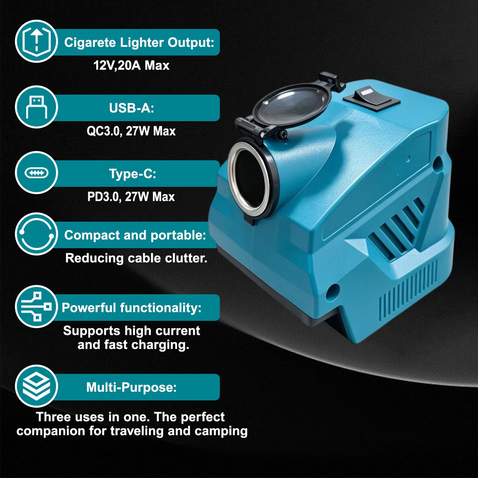 Convertidor de enchufe portátil de 12 V, baterías de herramientas, adaptador de luz LED con carcasa ABS, fuente de alimentación temporal para camping, reparación, respaldo de vehículos