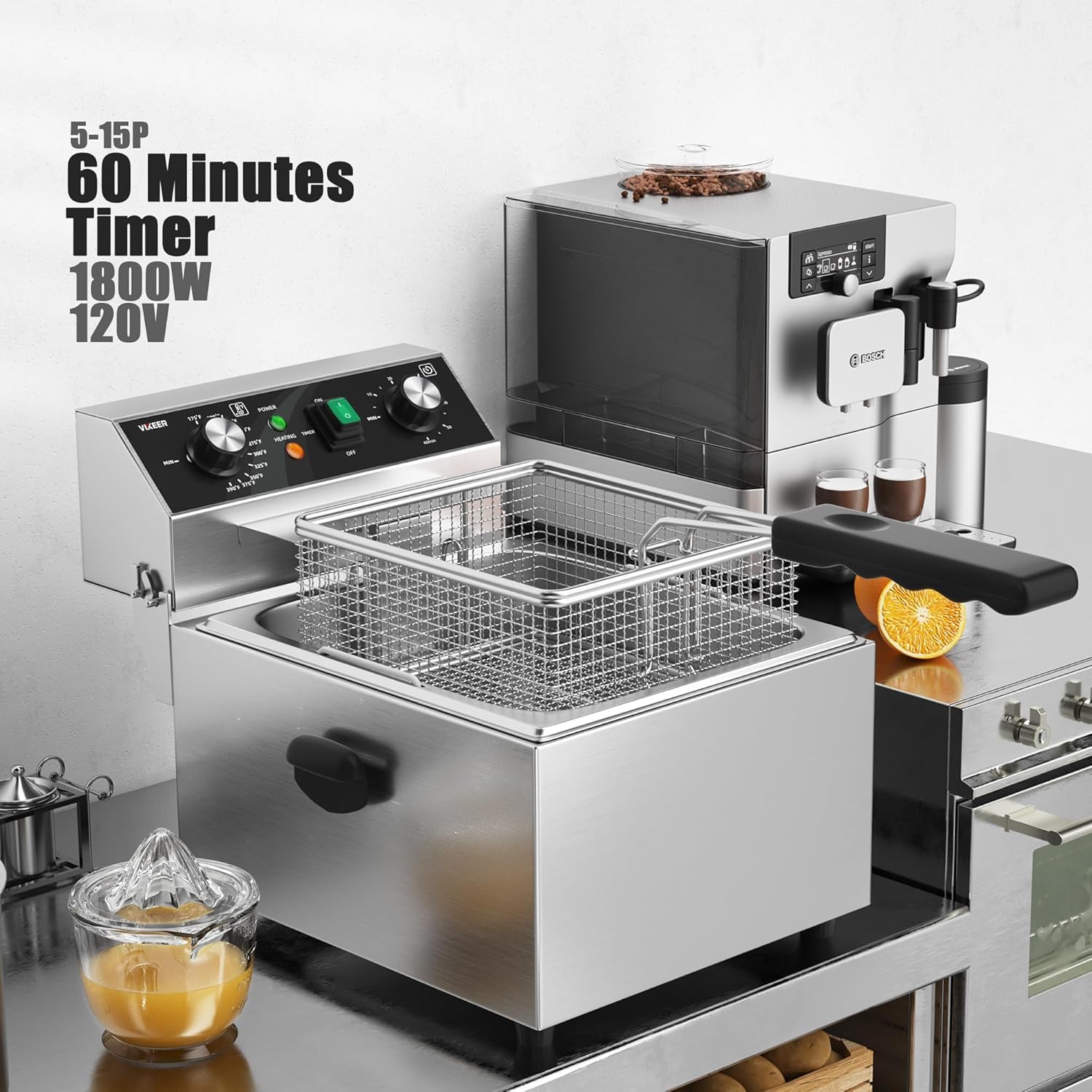 Friggitrice elettrica da banco da 10 Litri in Acciaio Inox con cestello e Coperchio, 1800 W, Timer da 60 Minuti, Ideale per la Cucina Domestica e Professionale.