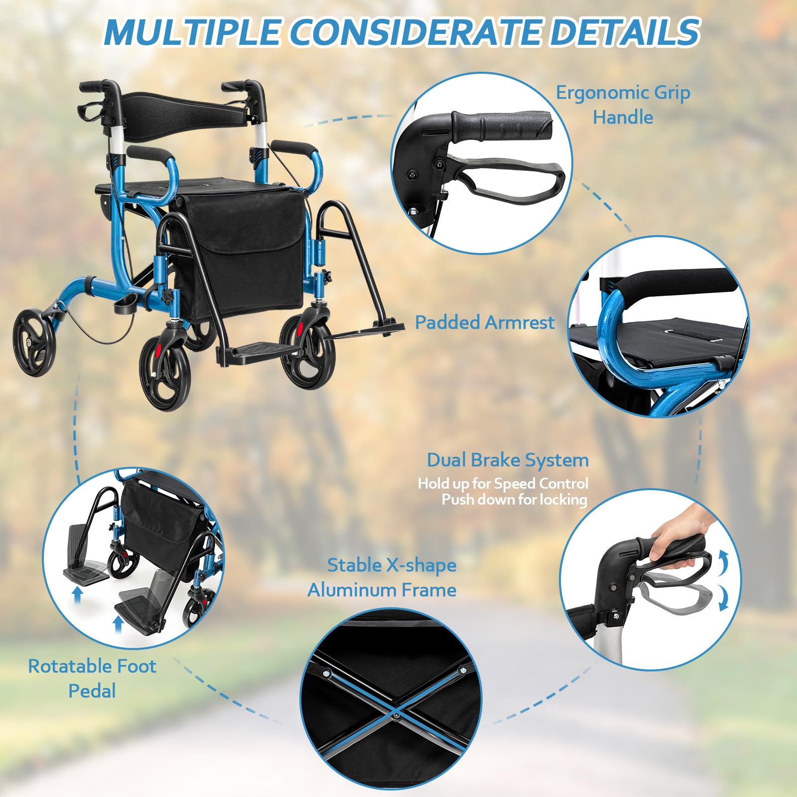 GOPLUS Andador 2 en 1 con Asiento, Ayuda para Caminar Plegable con Altura Ajustable, Respaldo Reversible, Bolsa de Almacenamiento, Silla de Transporte de Aluminio Ligero con Ruedas de 20,3 cm (Azul)