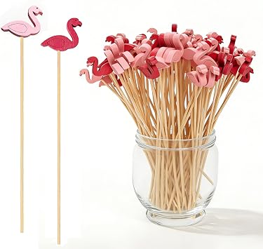 100 Pcs 6 Inch Flamingo Bamboo Swizzle Sticks, Tropical Cocktail Stirrers, Cake Pop & Lollipop Sticks for Summer Beach Party, Tiki Bar, Wedding & Baby Shower