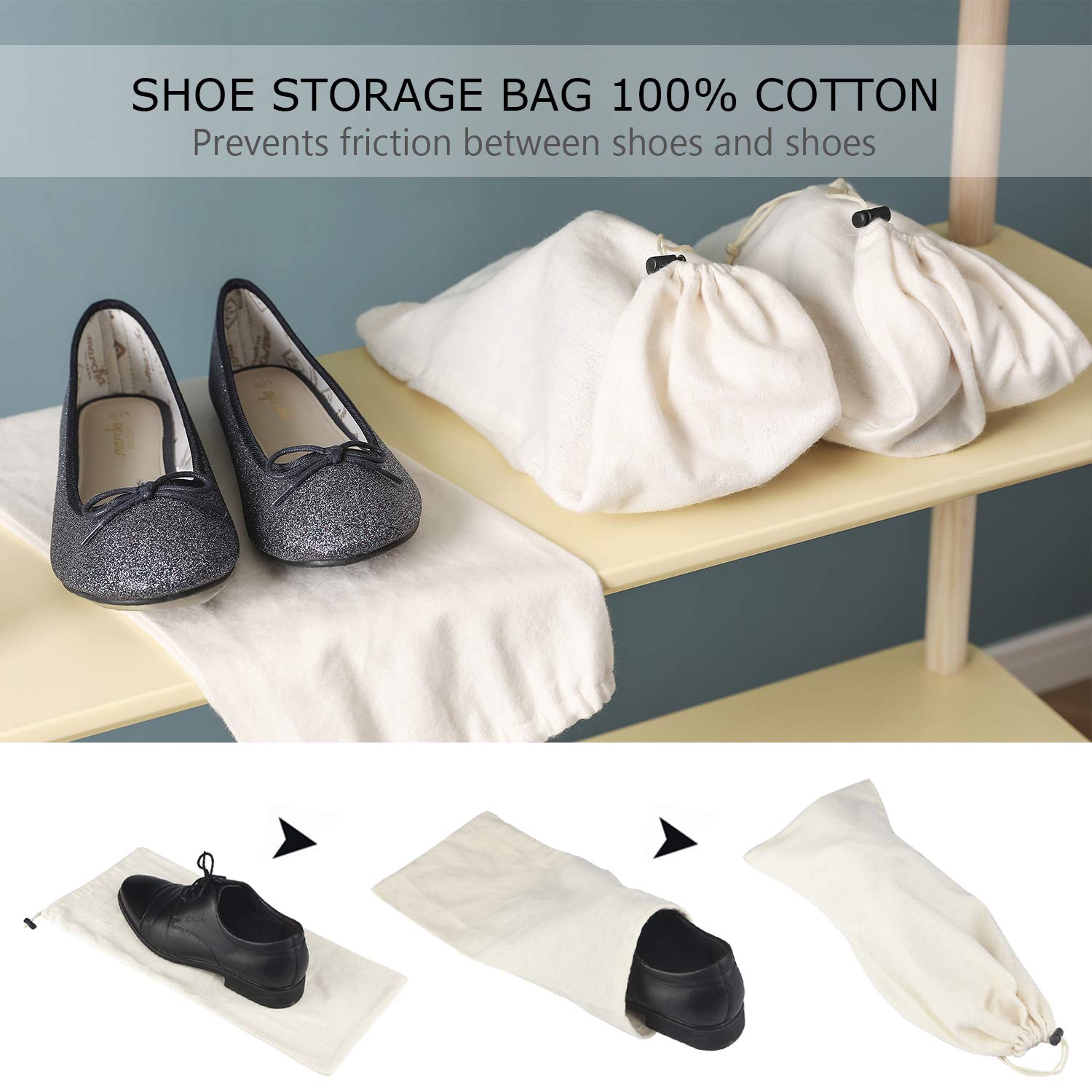 Bolsa para Guardar Zapatos 100% Algodón con Cordón, Juego de 4 Piezas para Viaje y Almacenamiento
