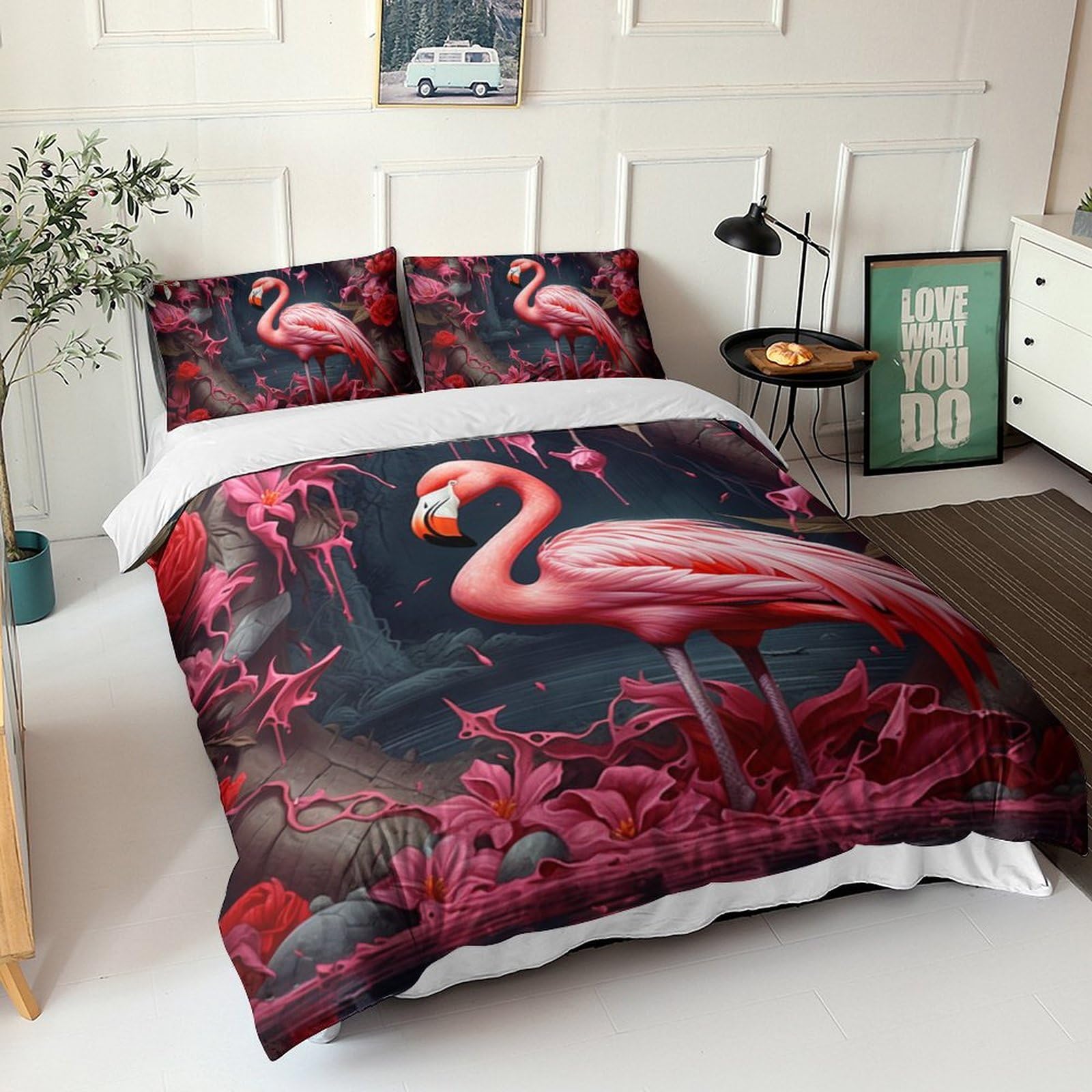 Parure de lit microfibre 3D King 220x240cm avec taies Red Flamingo