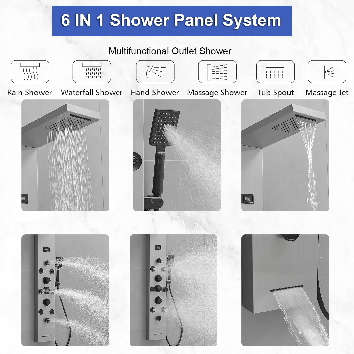 Shower Panel Rain Massage System with Adjustable Body Jets Mist Spray 6 in 1 Functions, Wall-Mount Shower Column Bathroom Shower Panel Tower System, Brushed Nickel and Black