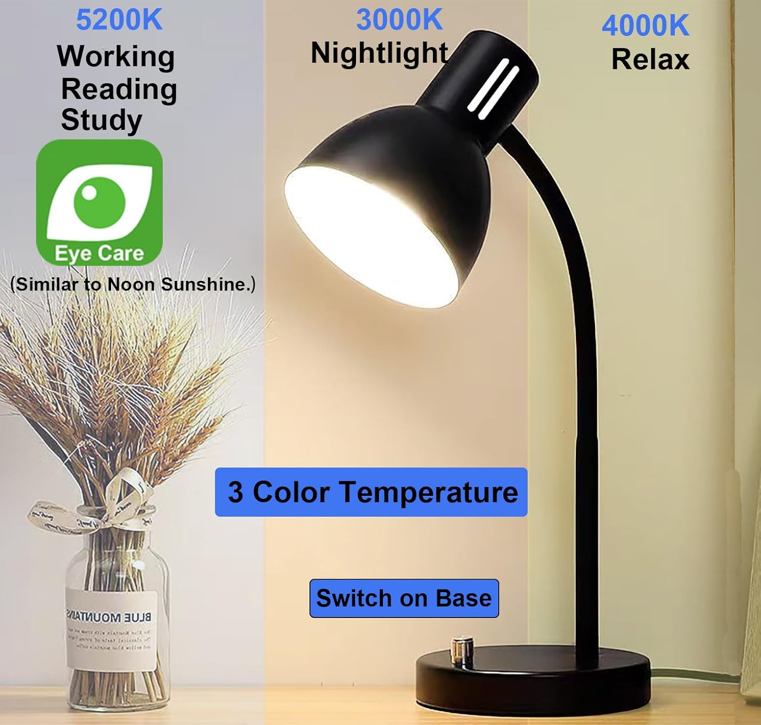 AFORTLO LED Desk Lamp,3 Color Temperature Changeable Table Lamp,Flexible Gooseneck Eye-Caring Book Reading Light for Home Office, Study, Nightlight with Bulb (Matte Black)