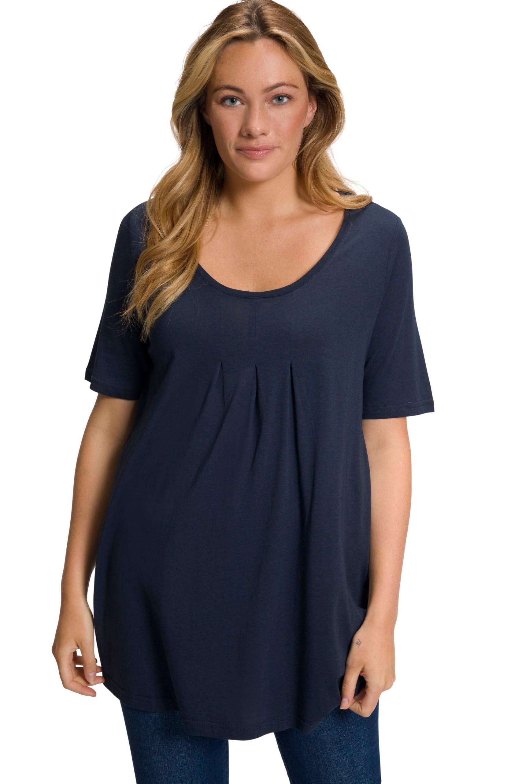 Ulla Popken Women's T-Shirt, Zierfalten, A-Linie, Rundhals, Halbarm, Modal t Shirts, Navy Blau,