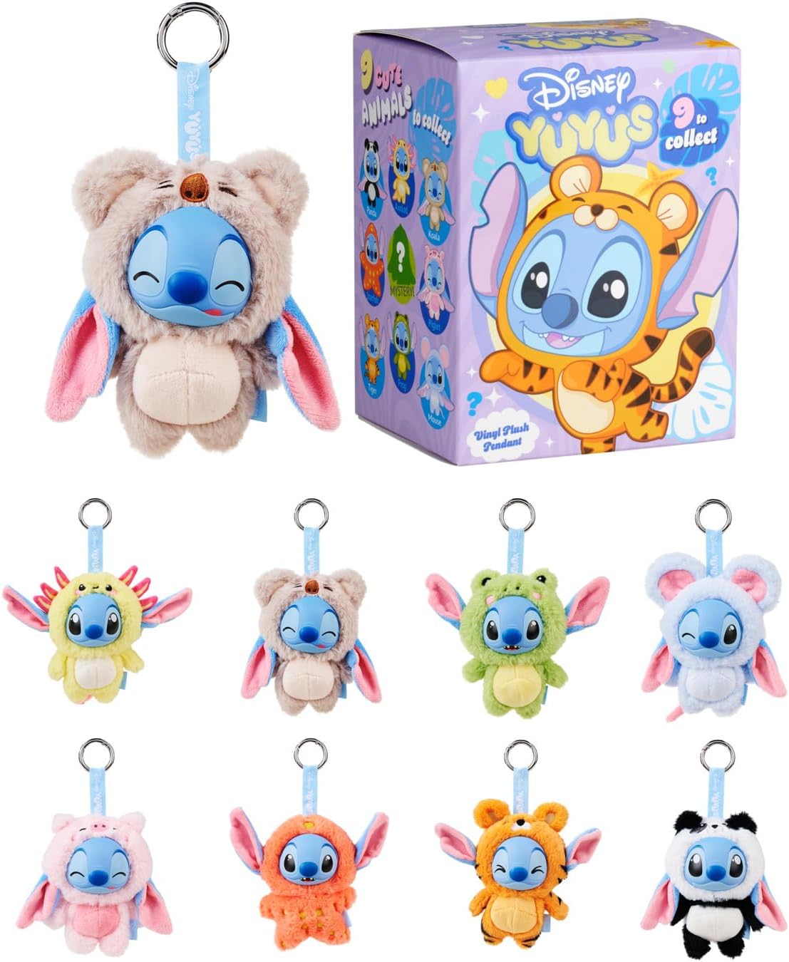 Simba Disney YuYus Stitch Plush Vinyl Charms Blind Box Bag Charm Trend 9 Animal Designs Tiger Axolotl Carabiner Surprise Figure Approx 12cm for Kids & Fans