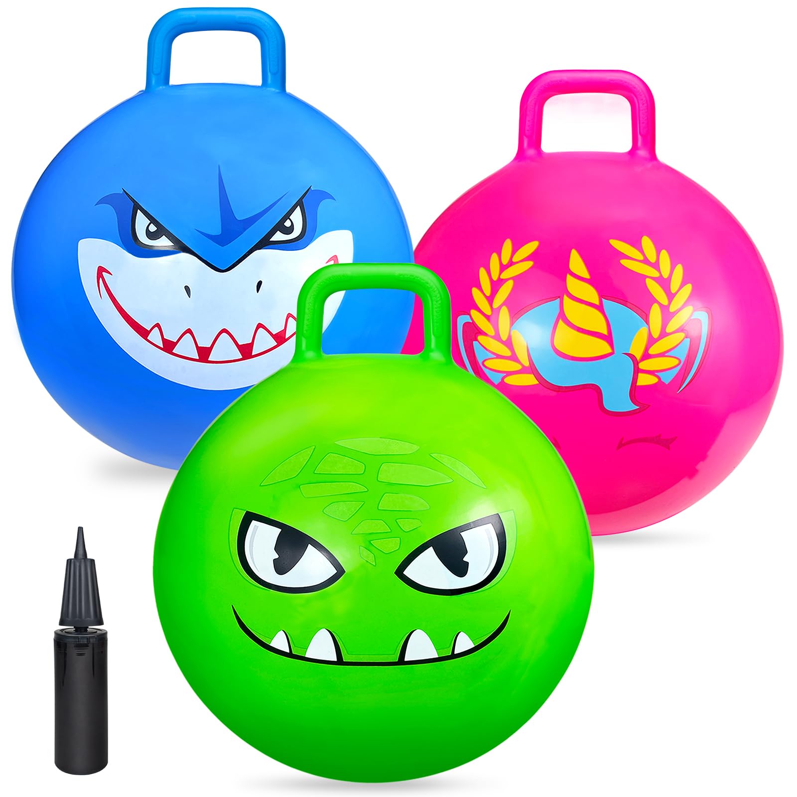 Bounce Balls with Handles for Kids, 3 Pack Hopper Ball for Kids 3-6, Hippity Hop Balls 18 Inch with Air Pump, Jumping Bouncing Ball Ride On Toys for Sports Games Balance Exercise Indoor Outdoor Fun