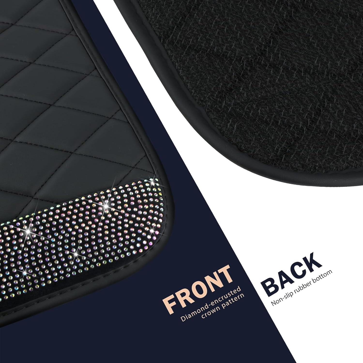 Crystal All Weather Pu Leather Floor Mats for Car SUV & Truck - 5 Pack/Set (Front & Rear), Heavy Duty Protection,Crown Car Floors Cushion, Bling Black