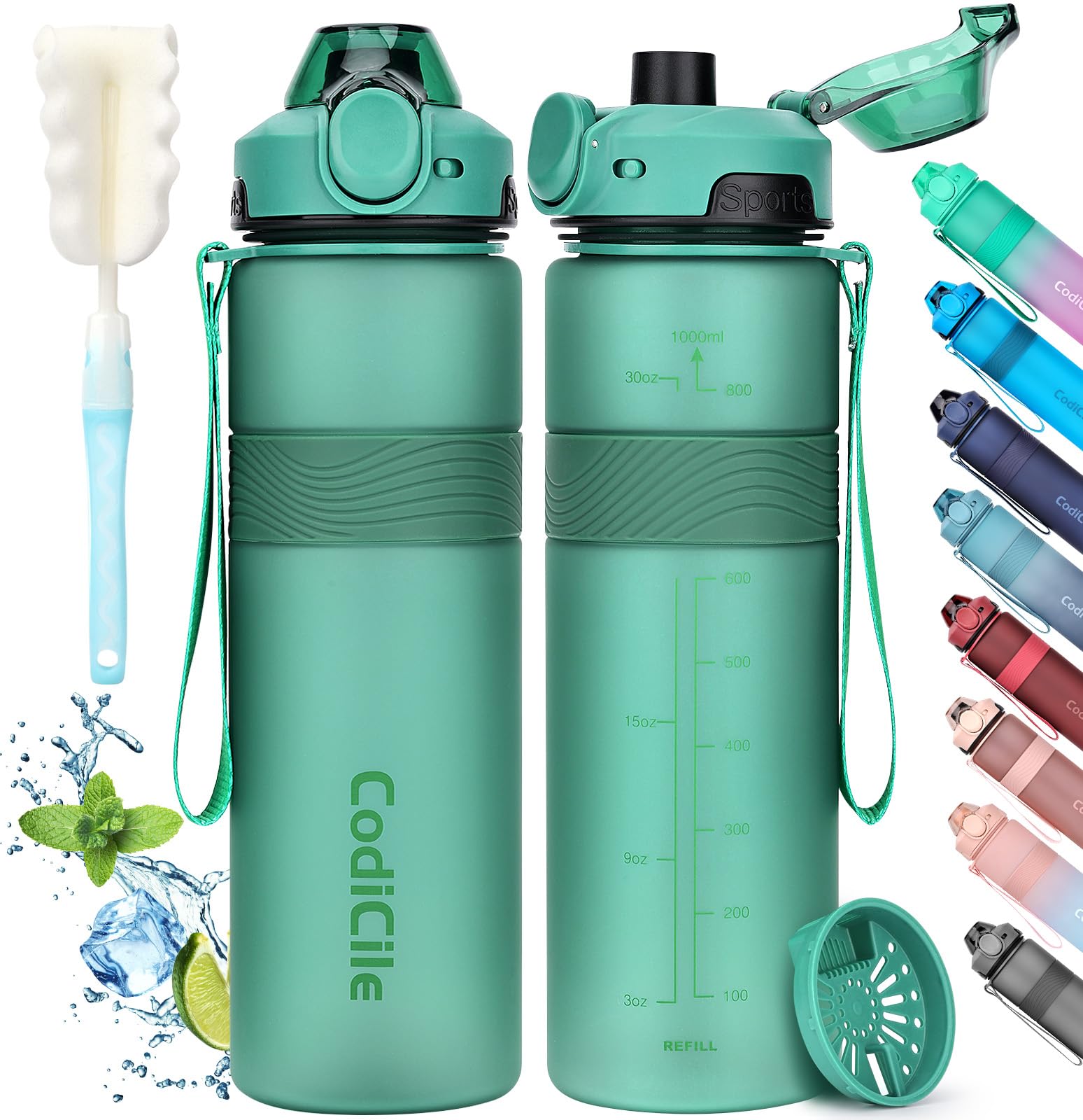 CodiCile Water Bottle, BPA Free 1l Water Bottle Leak Proof Drinks Bottle, Large Sports Bottle Great for Gym, School, Office and Travel (Dark Green)Global Recycled StandardGlobal Recycled StandardGlobal Recycled Standard