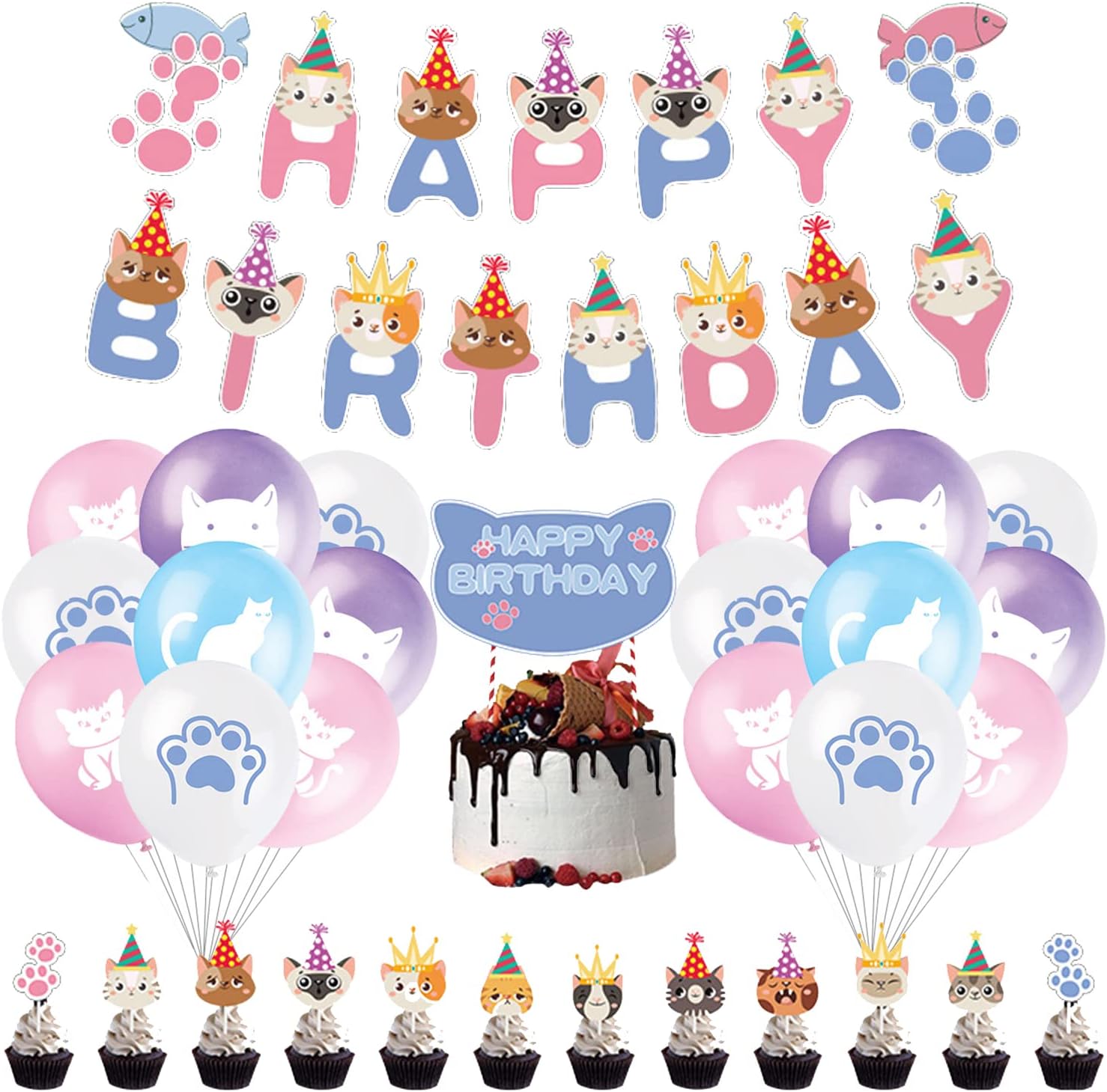 Cat Birthday Decorations and Party Supplies Set Including Cat Birthday Banner, Cat Latex Balloons and Cake Decorations