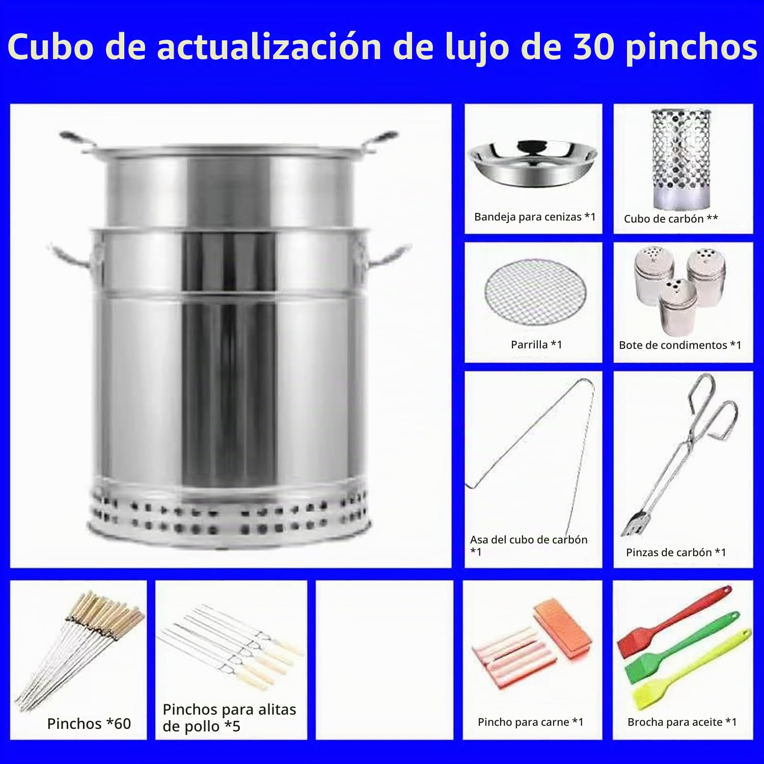 Barril Asador de Carne Sin Humo Interior, Parrilla de Barbacoa de Carbón Sin Humo BBQ Portátiles con Forma de Barril Envolvente de Acero Inoxidable para Exteriores Silver Large