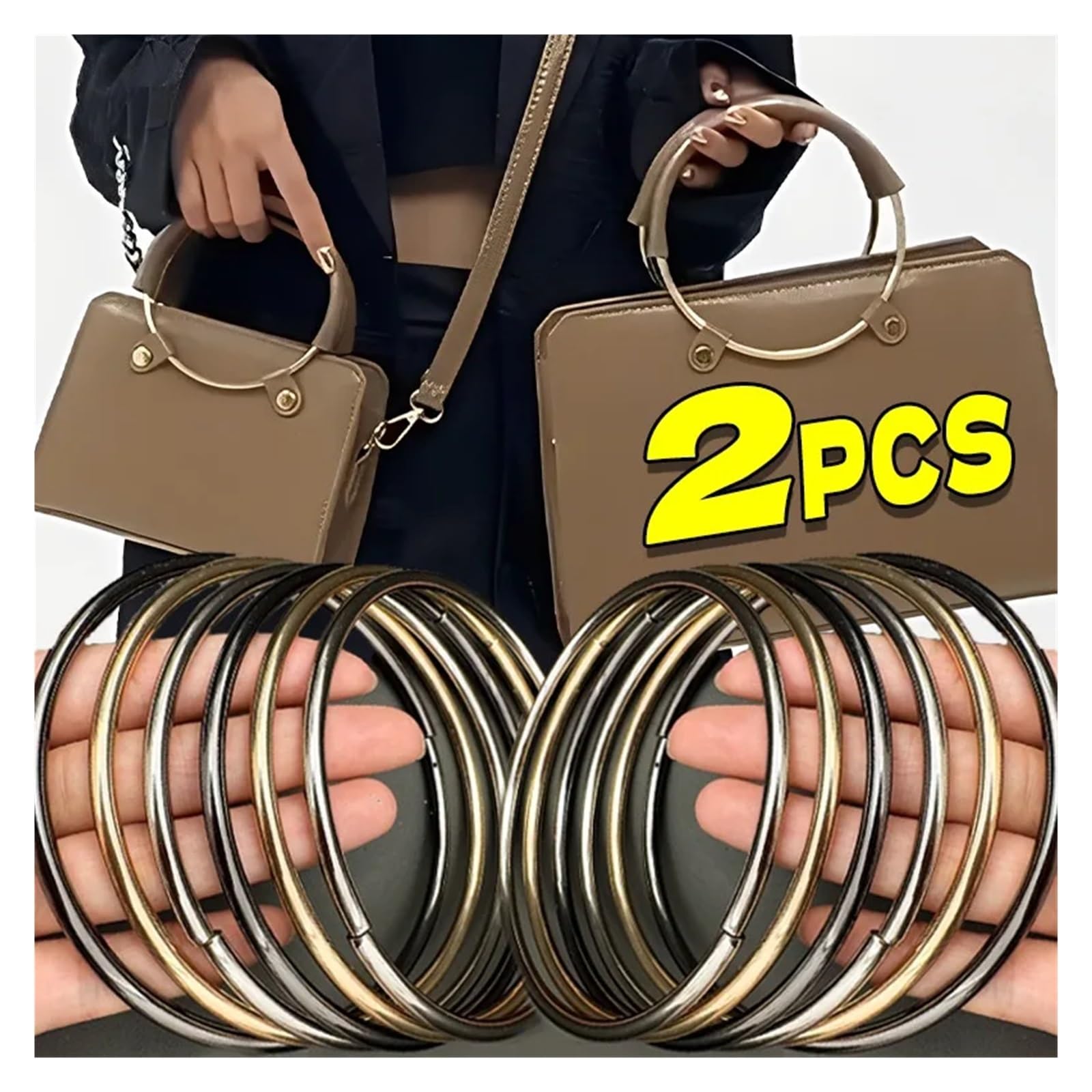 MRKU Asa de Madera para Bolso, Accesorios para Bolsos, Manualidades, Bricolaje, Redondo, 2 Piezas, Elegante, Redondo, con Anilla en O, Correa de Metal de Repuesto para Bolso, Hecho a Mano.