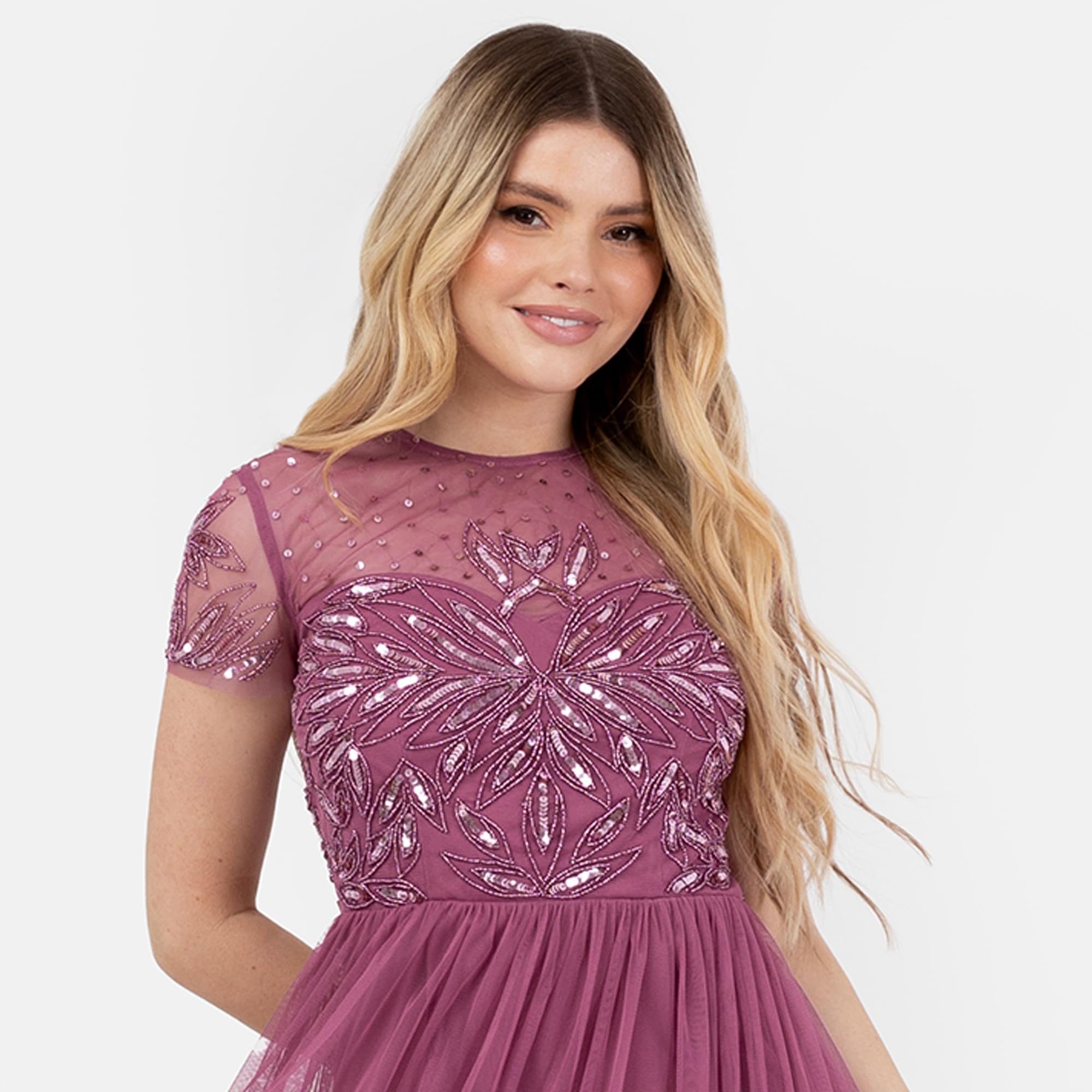 Maya Deluxe Damska sukienka damska z okrągłym dekoltem, z krótkim rękawem, haftowana, tiulowa, ruffle, linia A, rose, 44