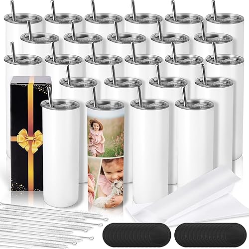 D·S 25 Pack Sublimation Tumblers 20 oz Skinny Stainless Steel Insulated Straight Sublimation Tumbler Blank with Straw, Lid, Brush and Shrink Wrap