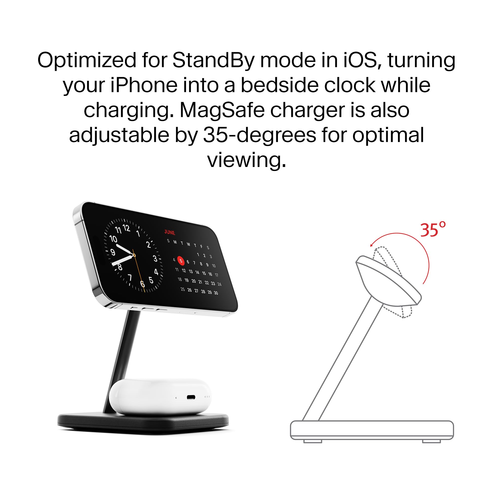 Twelve South HiRise 2 Deluxe 2-in-1 stazione di ricarica wireless per dispositivi Apple, caricabatterie Qi2 MagSafe, supporto per caricabatterie wireless veloce per iPhone 15 14 13 12 Pro e Max Series