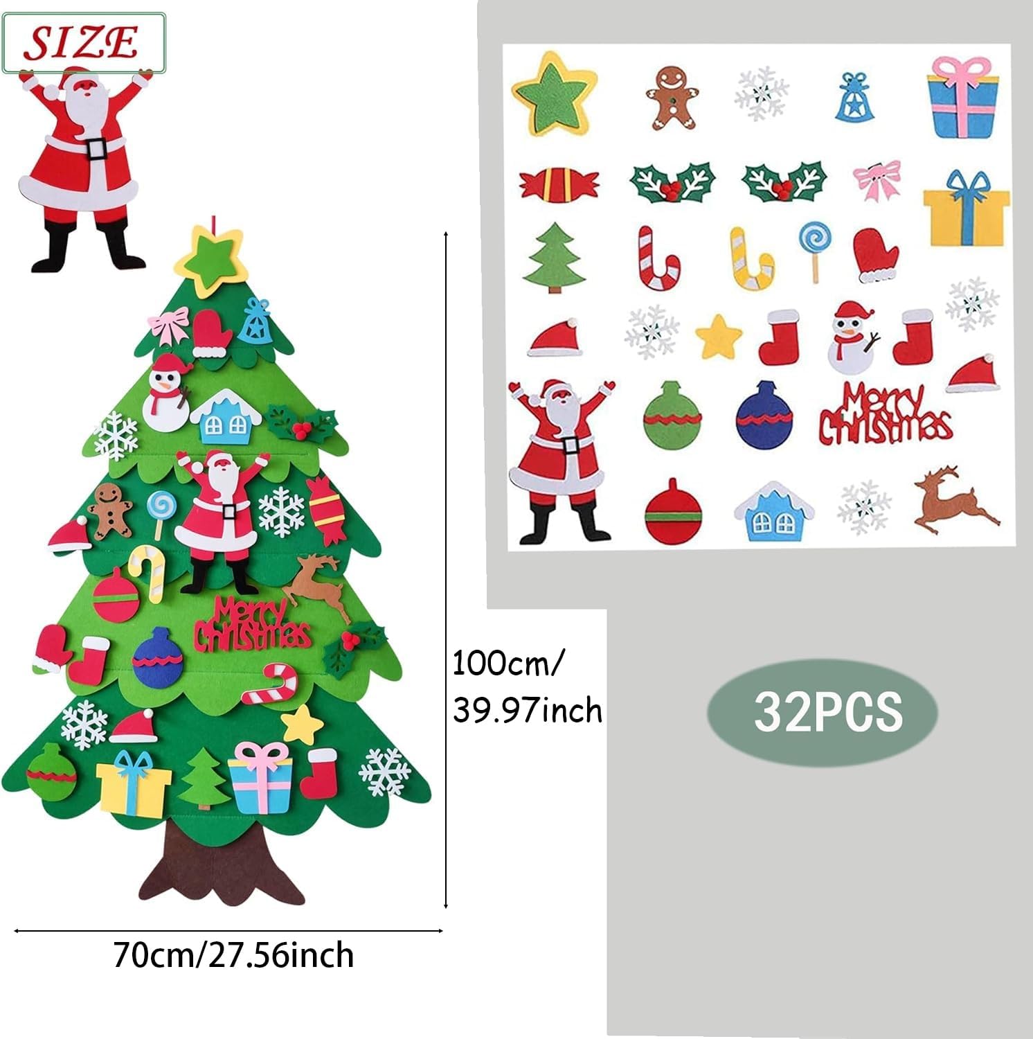 OUQIWEN Feltro Albero Natale,100 cm DIY Albero Natale Feltro Per Bambini Con 32 Staccabili Ornamenti,Decorazioni Natalizie Da Parete Per Porte