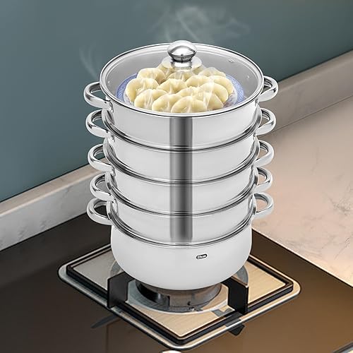 Miniatura 4 de Olla de vapor de acero inoxidable de 11.02 pulgadas, vaporera de 5 niveles, olla de vapor de inducción de acero inoxidable grande con tapa de