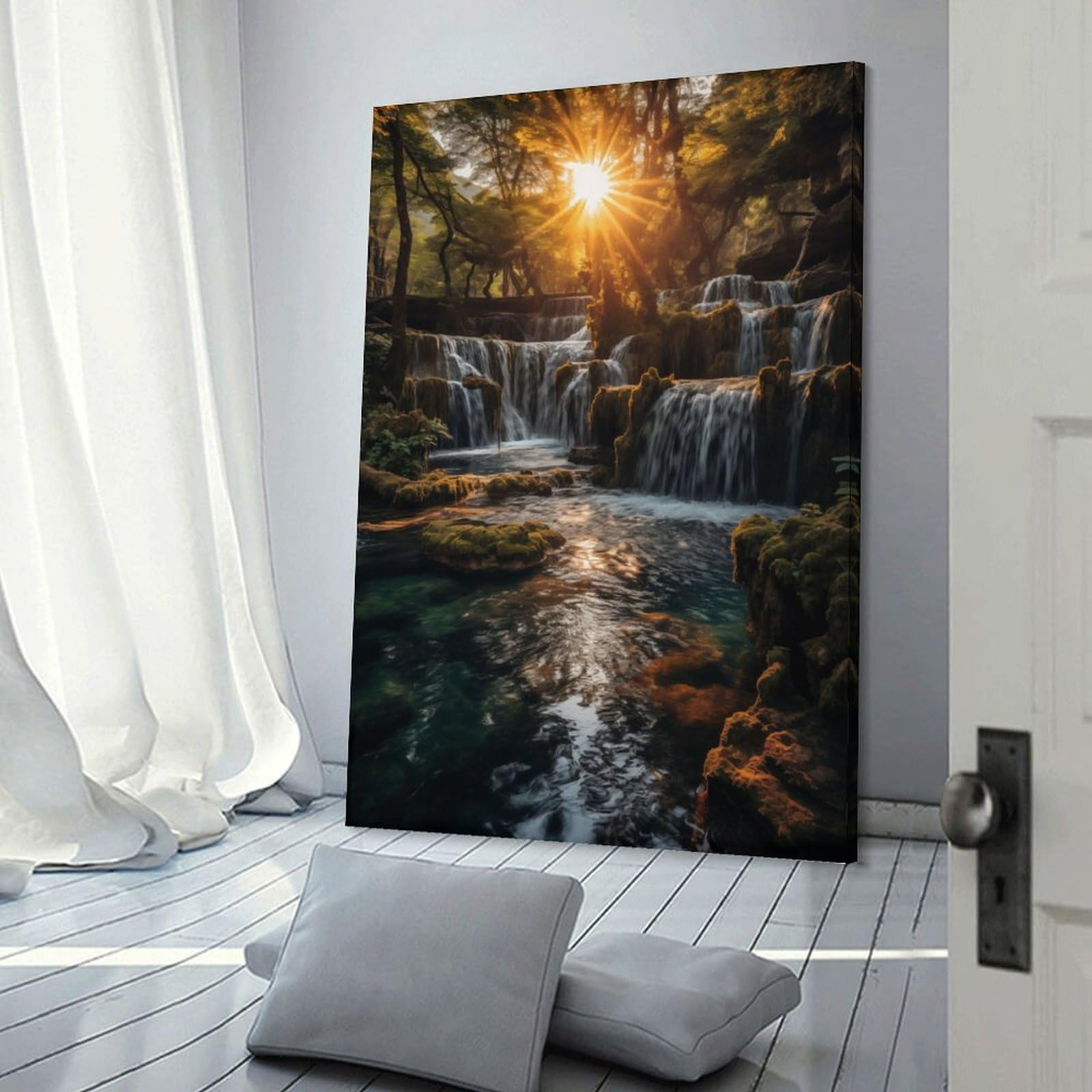 Junmoney Nature Waterfall in Suset Home Decor Wall Art 24x36inch(60x90cm), for Gallery Wall Layouts in Home Or Office, A Versatile Canvas Print for Layering