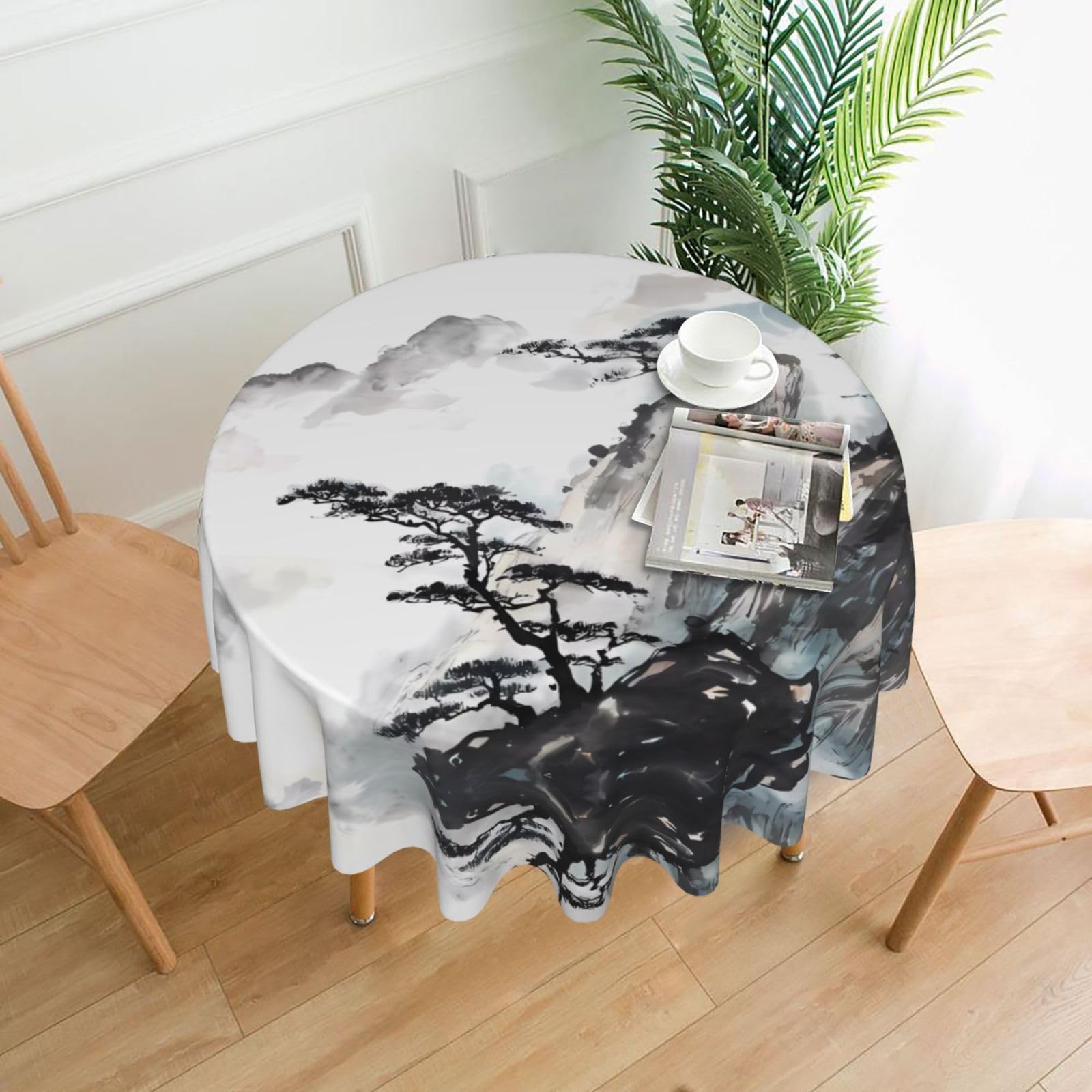 WHJSHOP Chinese Landscape Painting Prints Round Table Throw 60 Inch – Waterproof Table Cover for Dining, Coffee Tables, Parties & More - Soft, Wrinkle-Resistant Table Layer
