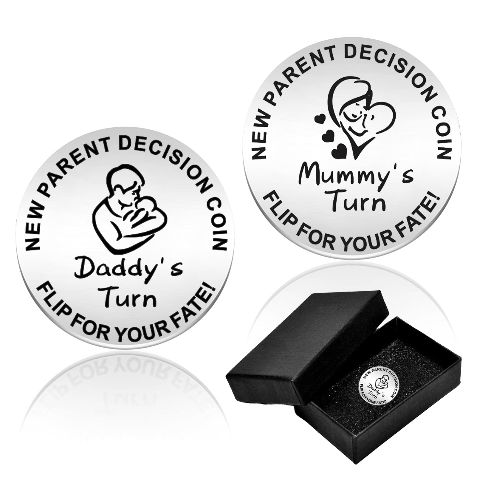 Jormftte New Parents Decision Coin, Flip Coin for Mum Dad with Gift Box, Engraved Stainless Steel Fun Coin for Decision Making, Novelty Gifts for Mum Dad New Baby New Parents (AZJWRL-114)