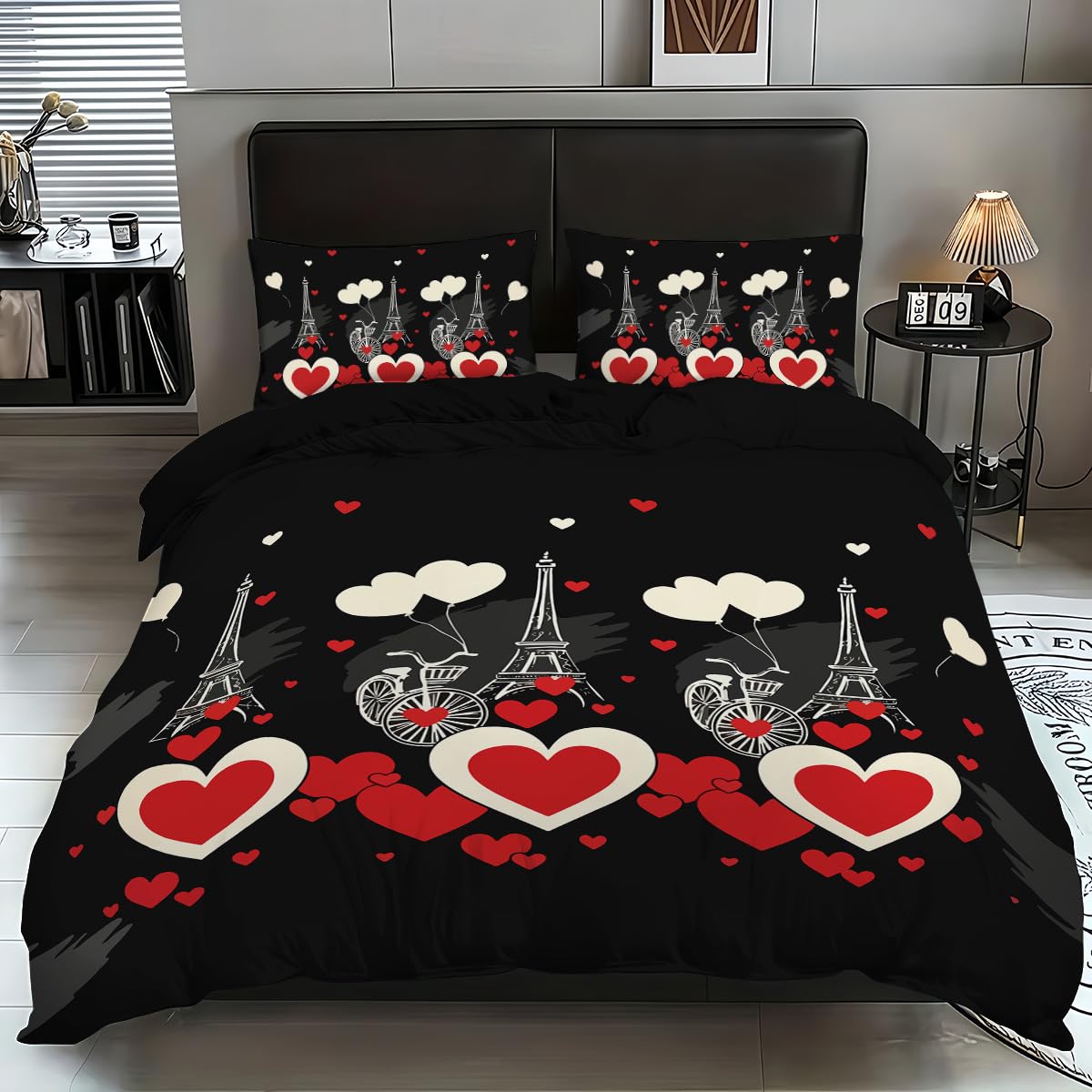 Housse de couette 200x200 Tour Eiffel et cœur rouge en microfibre douce avec taies